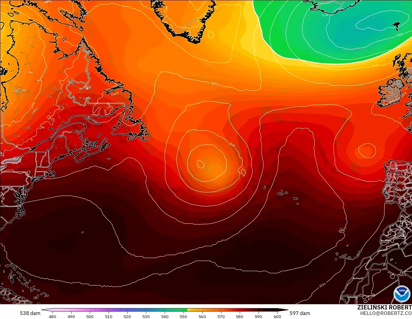 GFS modelo - Norte Atlántico, Altura geopotencial a 500 hPa