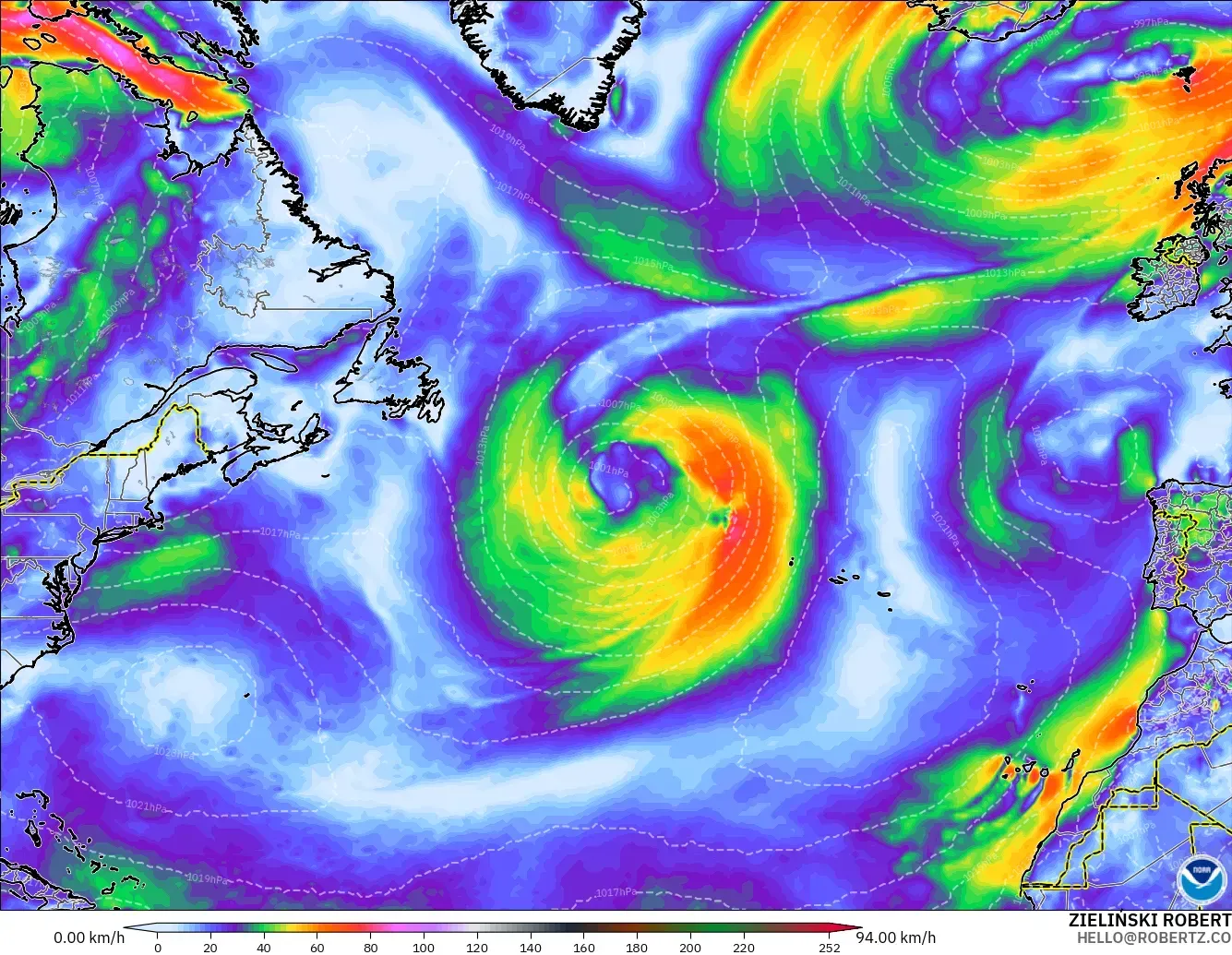 GFS modelo - Norte Atlántico, Ráfagas de viento