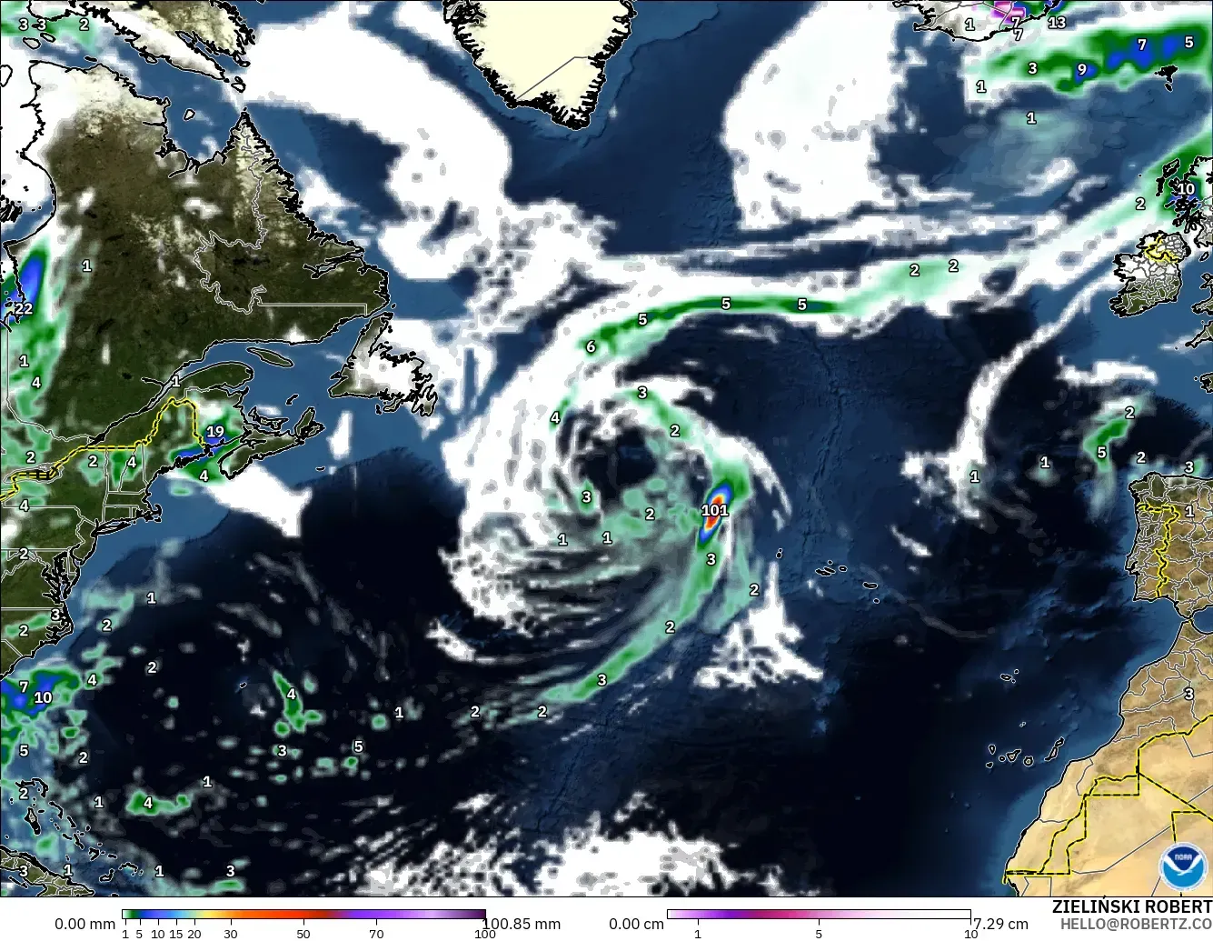 GFS modelo - Norte Atlántico, Precipitación, nubes y presión