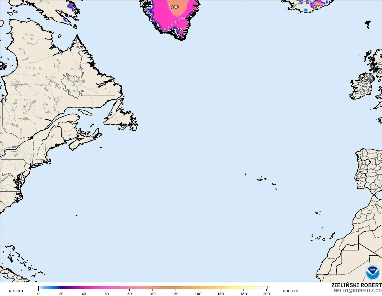 GFS modelo - Norte Atlántico, Profundidad de nieve