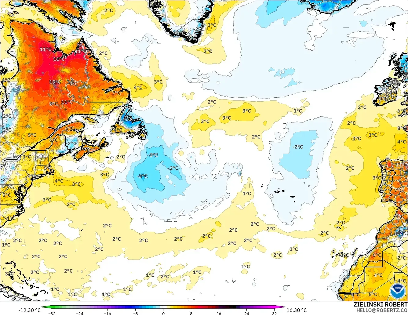 GFS modelo - Norte Atlántico, Anomalía de temperatura a 2 m