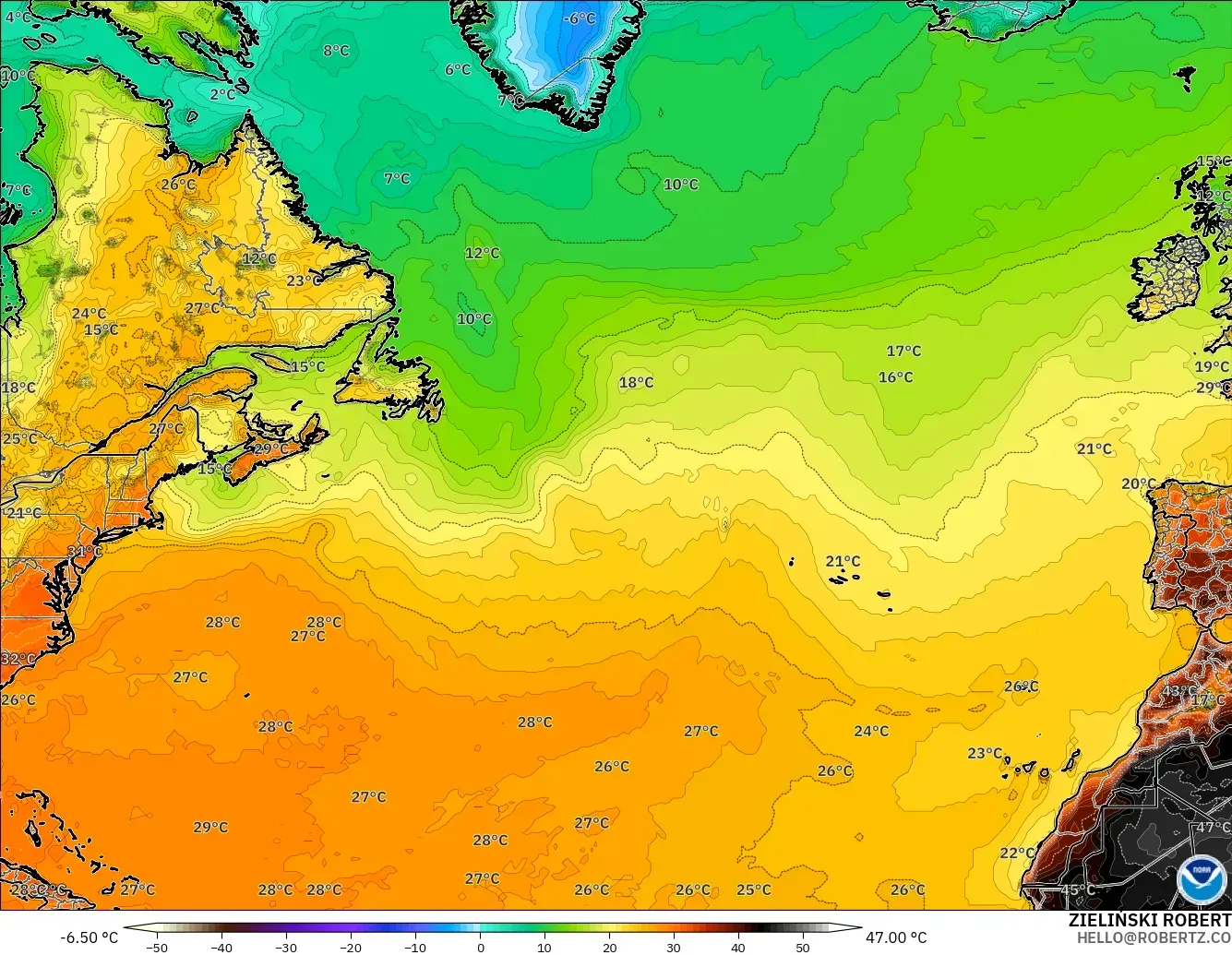 GFS modelo - Norte Atlántico, Temperatura a 2 m