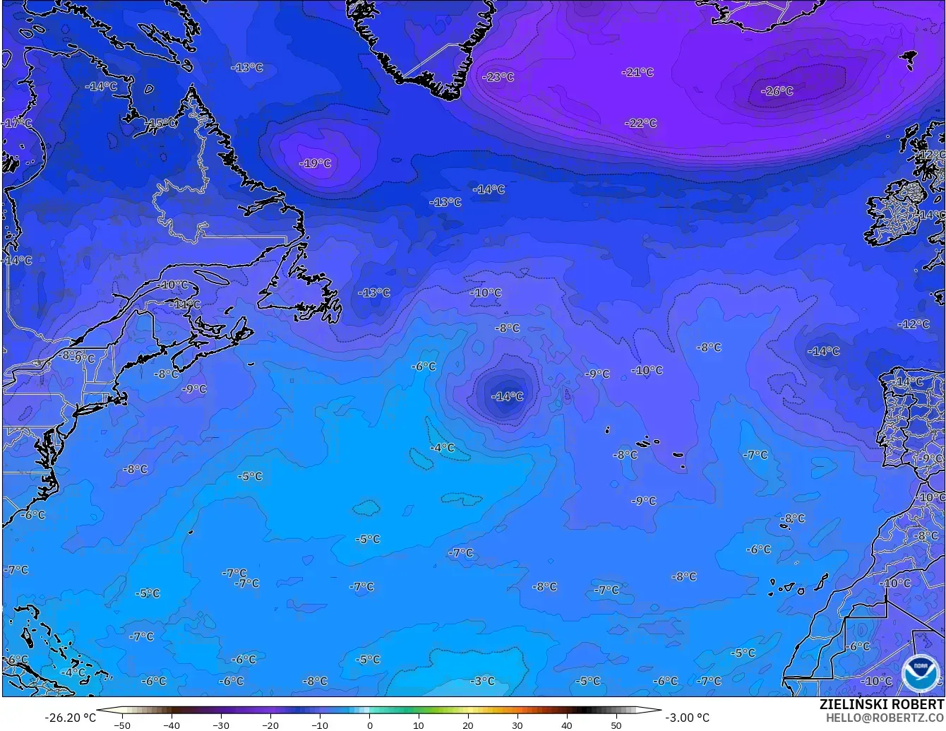 GFS modelo - Norte Atlántico, Temperatura a 500 hPa