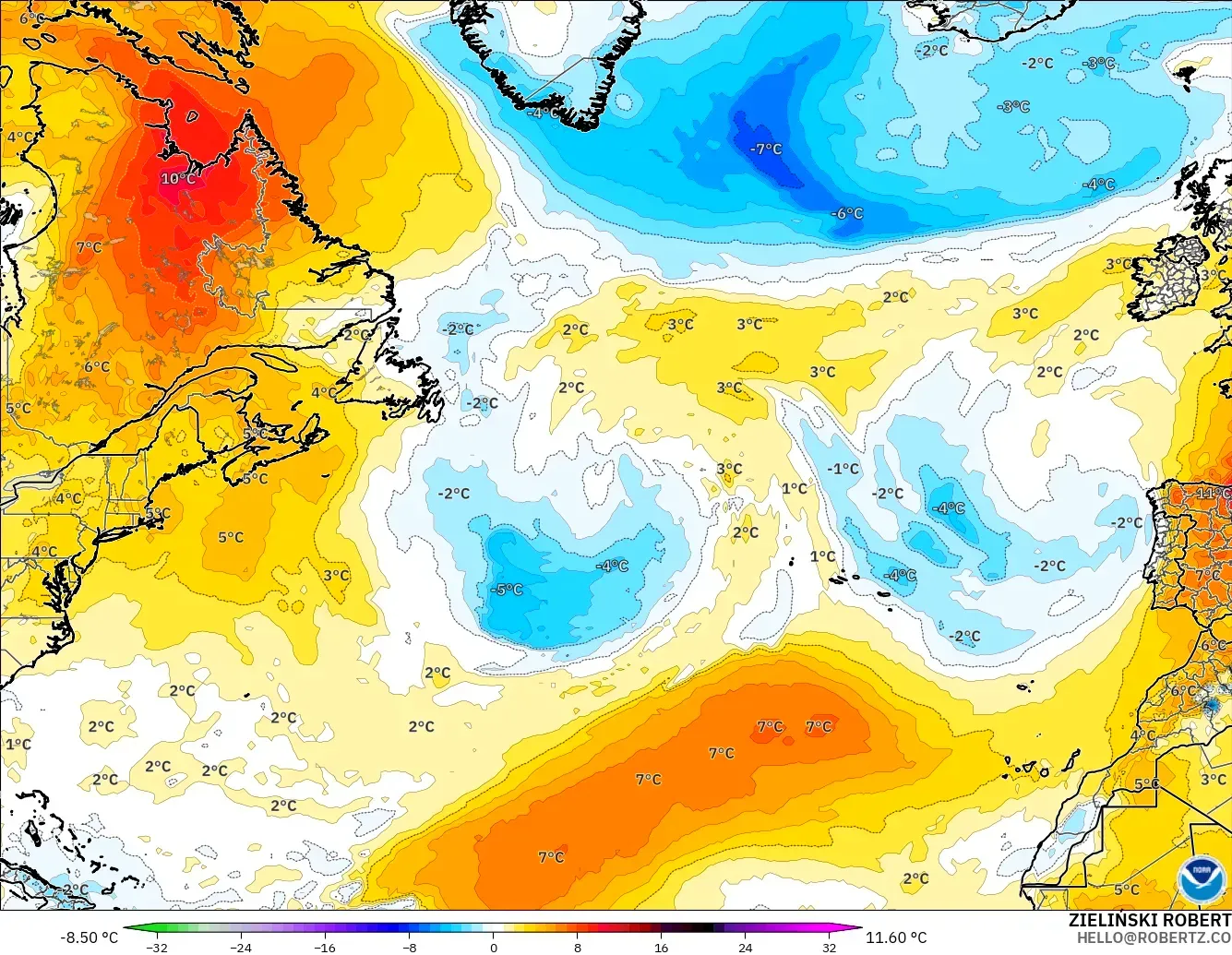 GFS modelo - Norte Atlántico, Anomalía de temperatura a 850 hPa