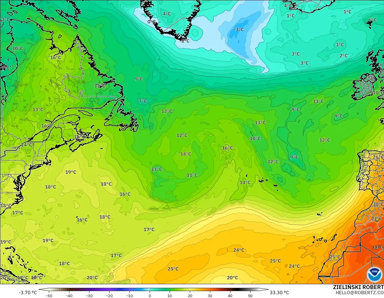GFS modelo - Norte Atlántico, Temperatura a 850 hPa