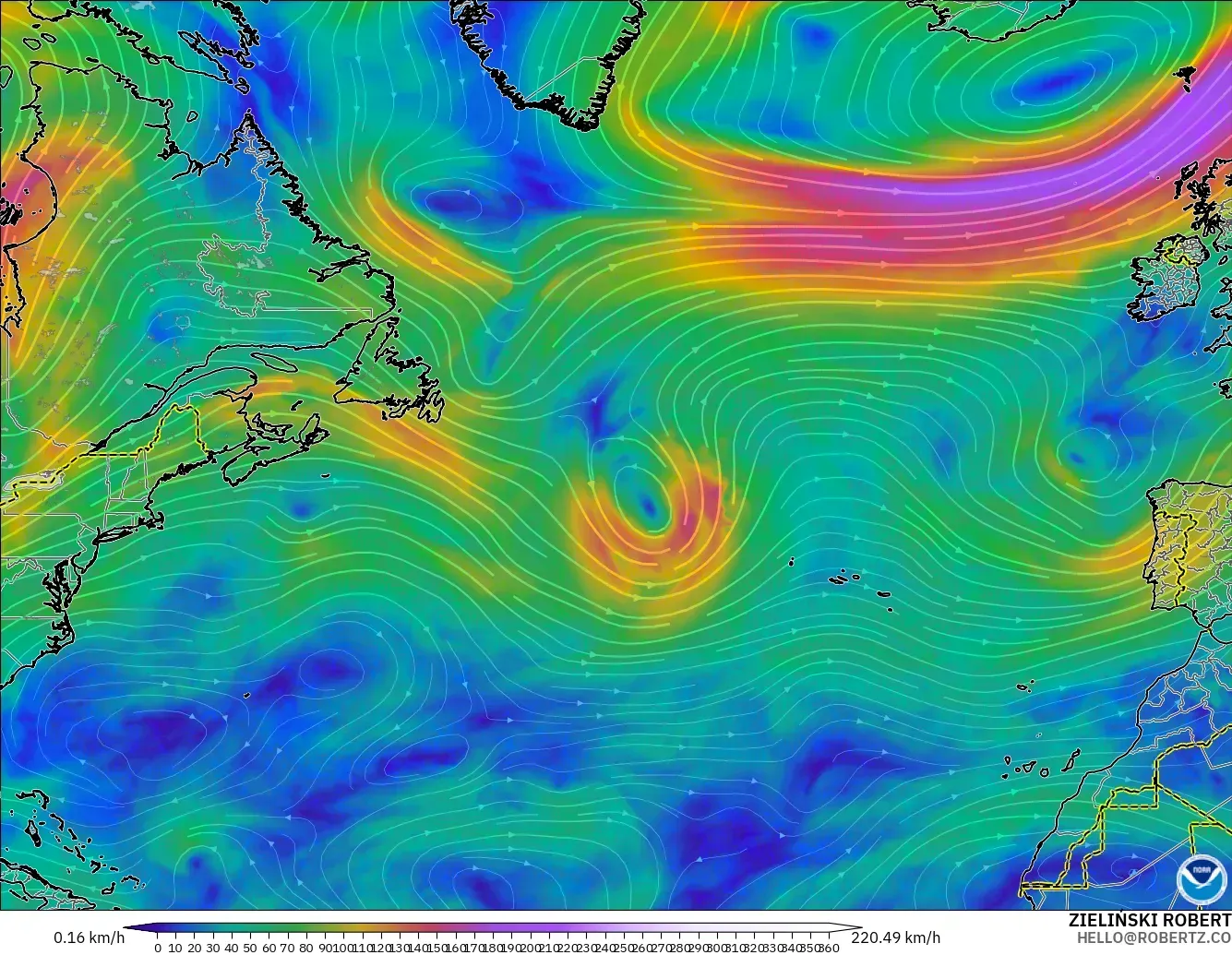 GFS modelo - Norte Atlántico, Viento a 300 hPa (corriente en chorro)