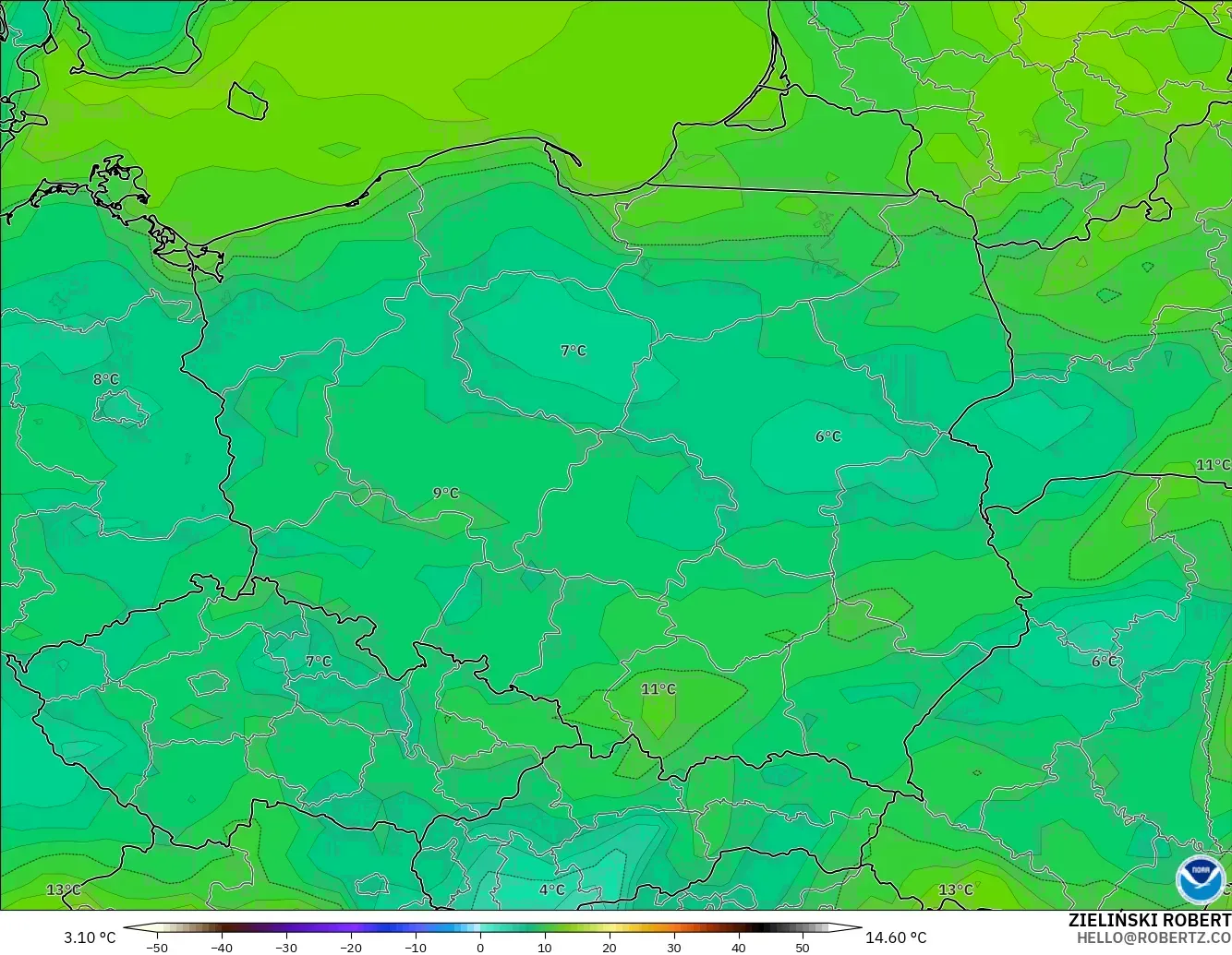 GFS modelo - Polonia, Punto de rocío a 2 m