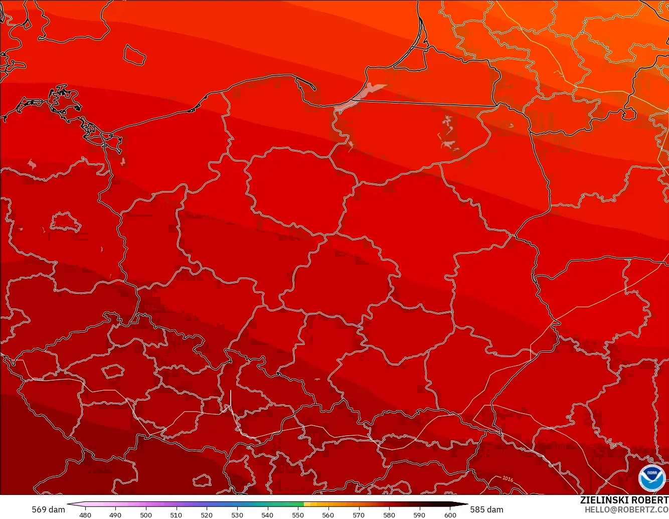 GFS modelo - Polonia, Altura geopotencial a 500 hPa