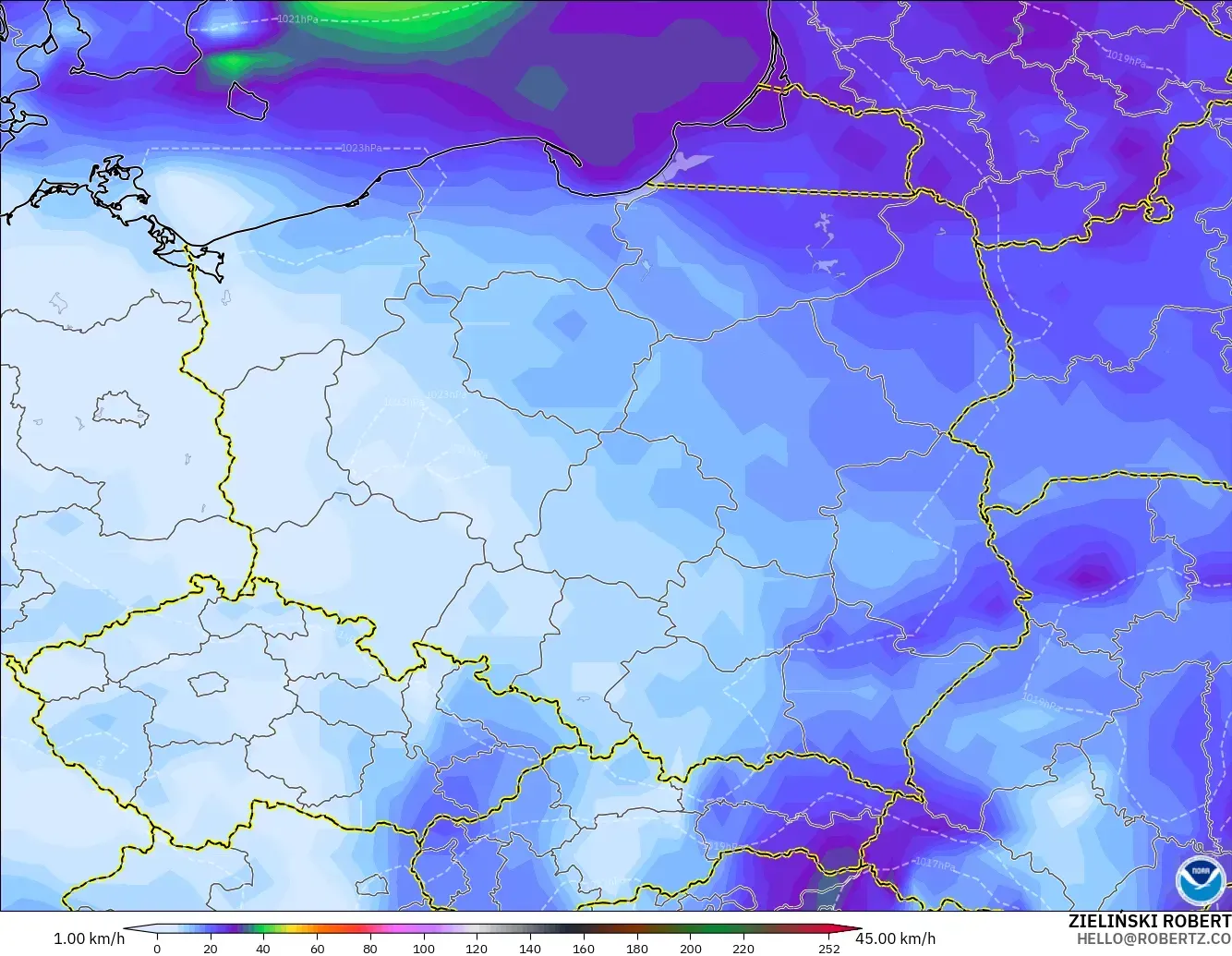 GFS modelo - Polonia, Ráfagas de viento