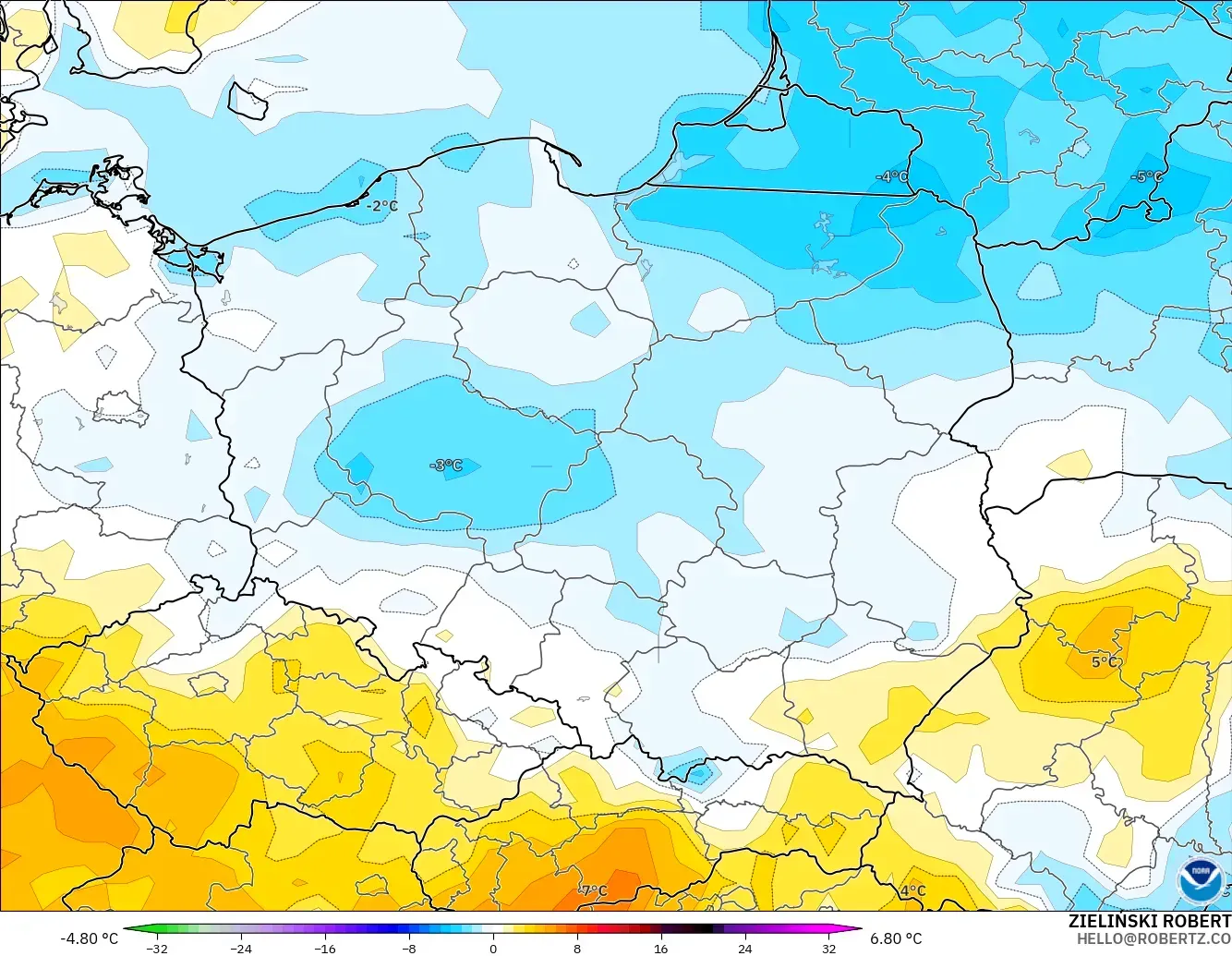 GFS modelo - Polonia, Anomalía de temperatura a 2 m