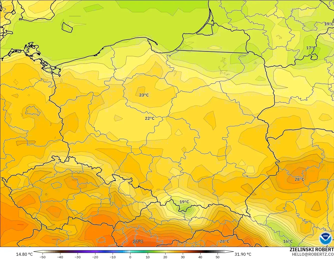 GFS modelo - Polonia, Temperatura a 2 m