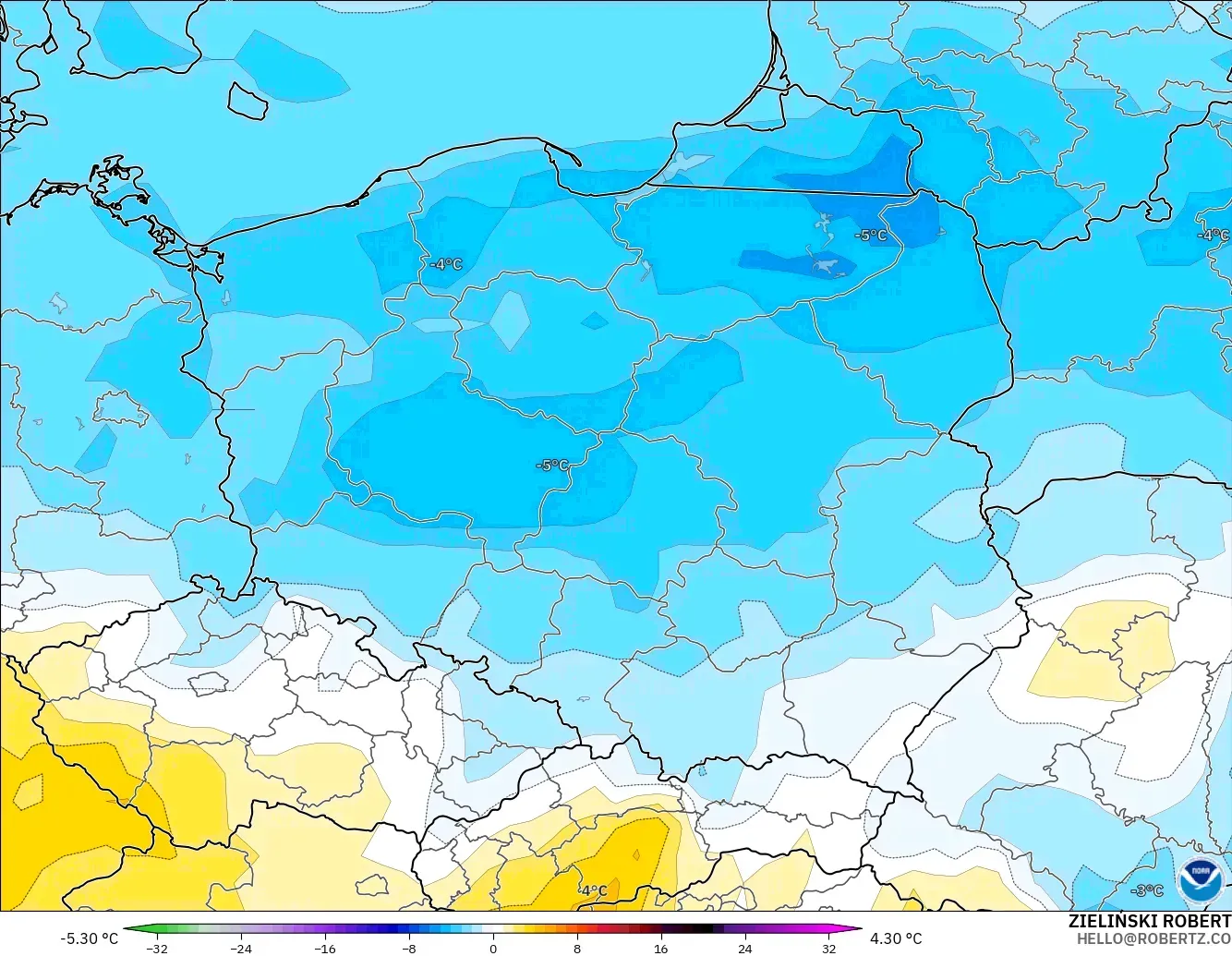 GFS modelo - Polonia, Anomalía de temperatura a 850 hPa