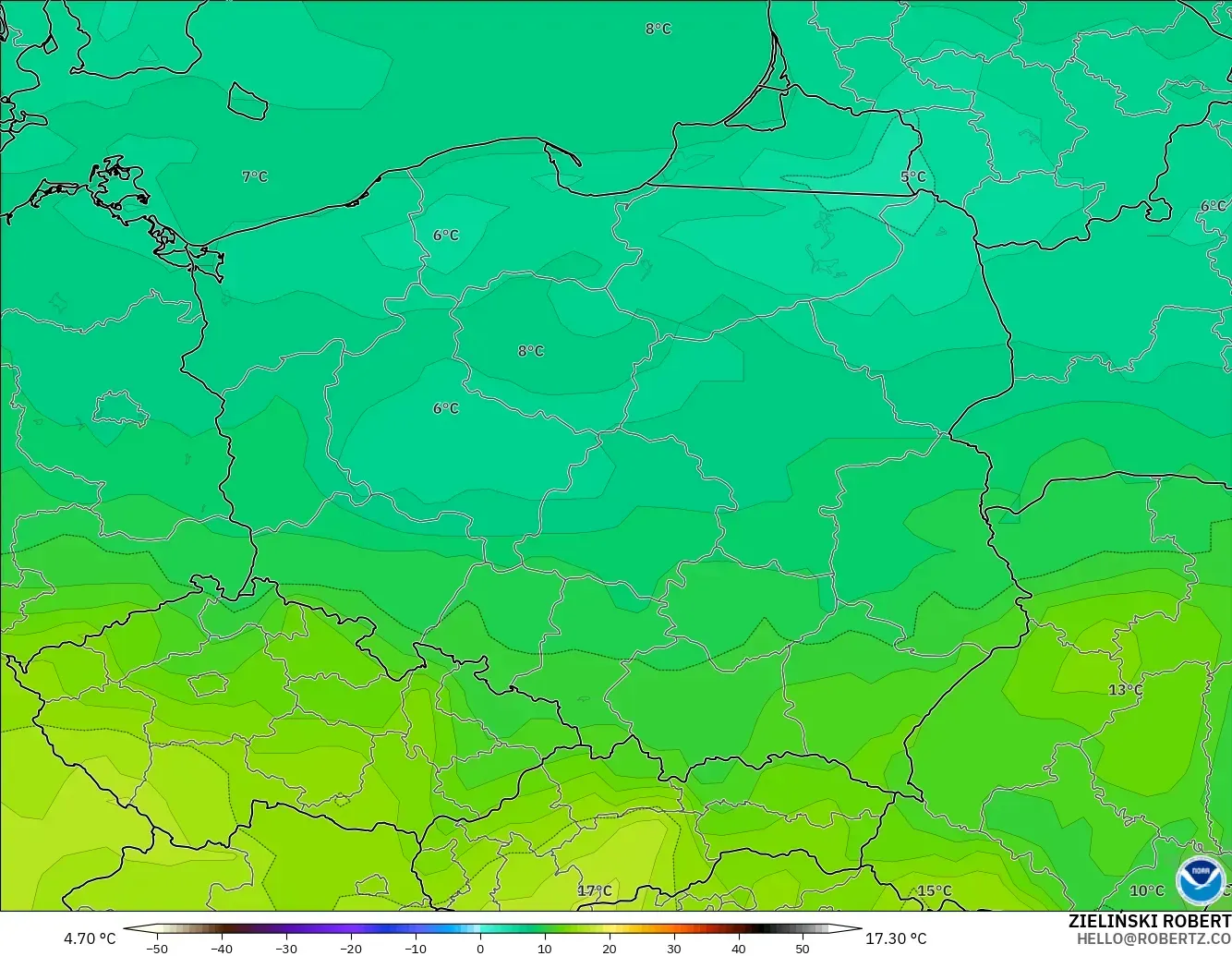 GFS modelo - Polonia, Temperatura a 850 hPa