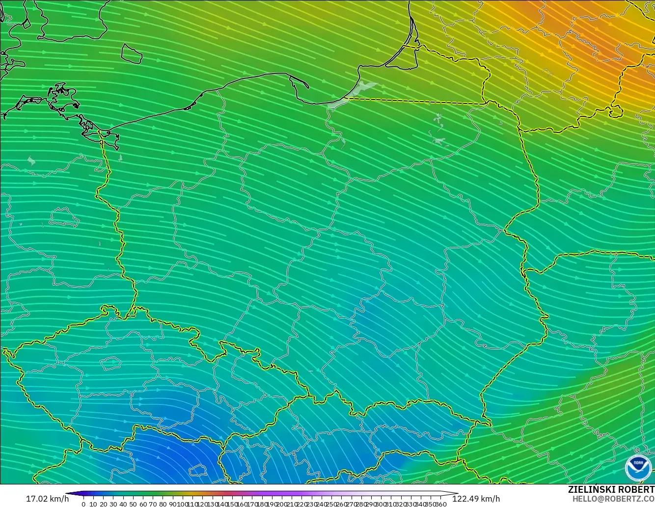 GFS modelo - Polonia, Viento a 300 hPa (corriente en chorro)