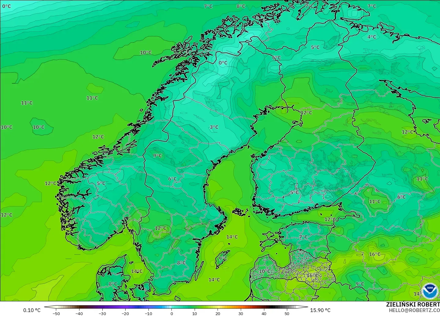 GFS modelo - Escandinavia, Punto de rocío a 2 m