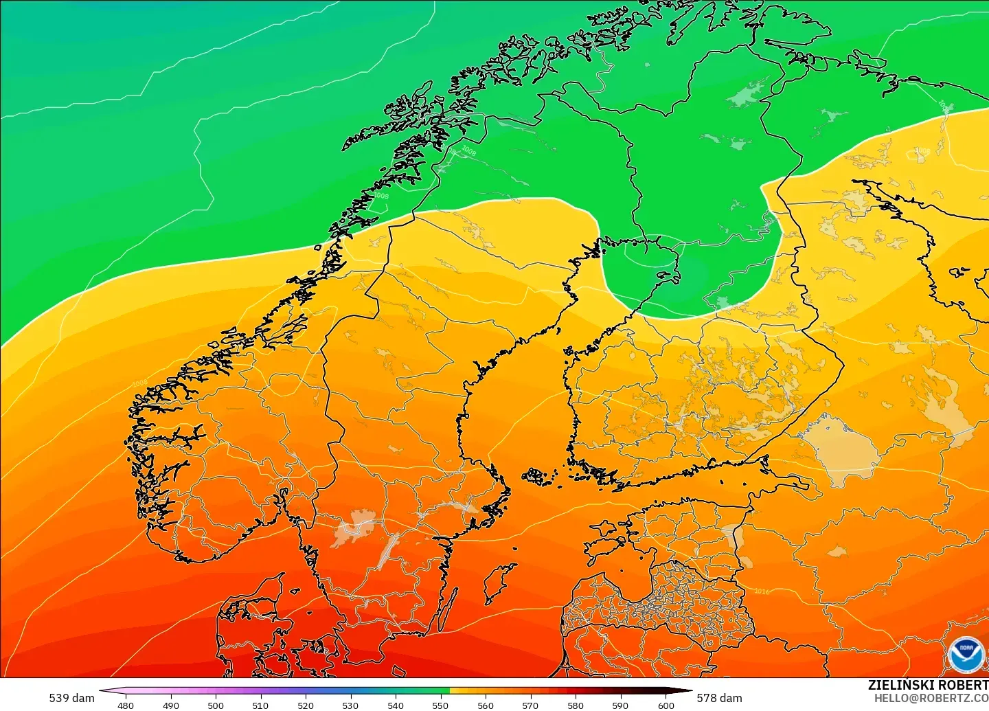 GFS modelo - Escandinavia, Altura geopotencial a 500 hPa