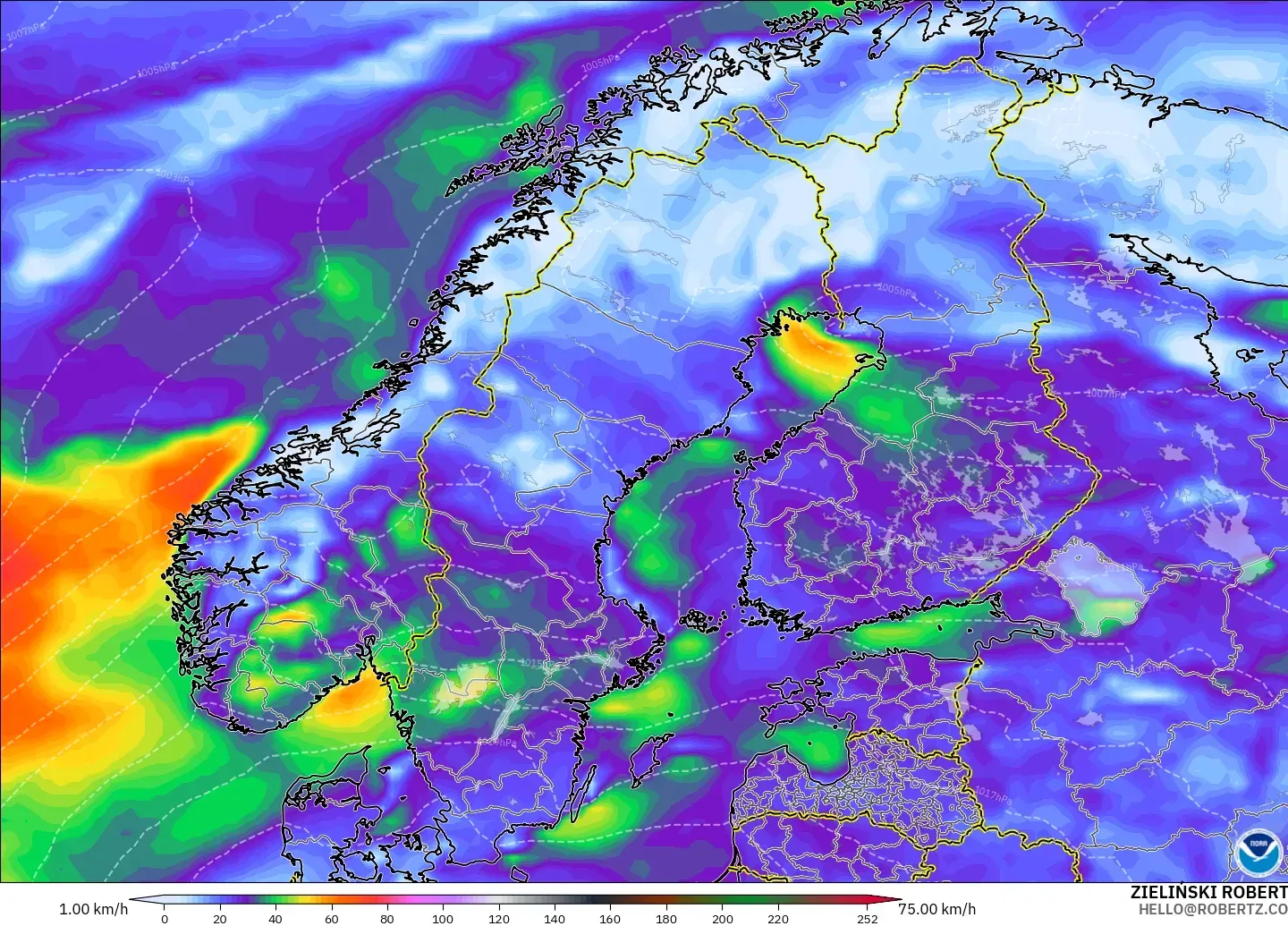 GFS modelo - Escandinavia, Ráfagas de Viento Máximas
