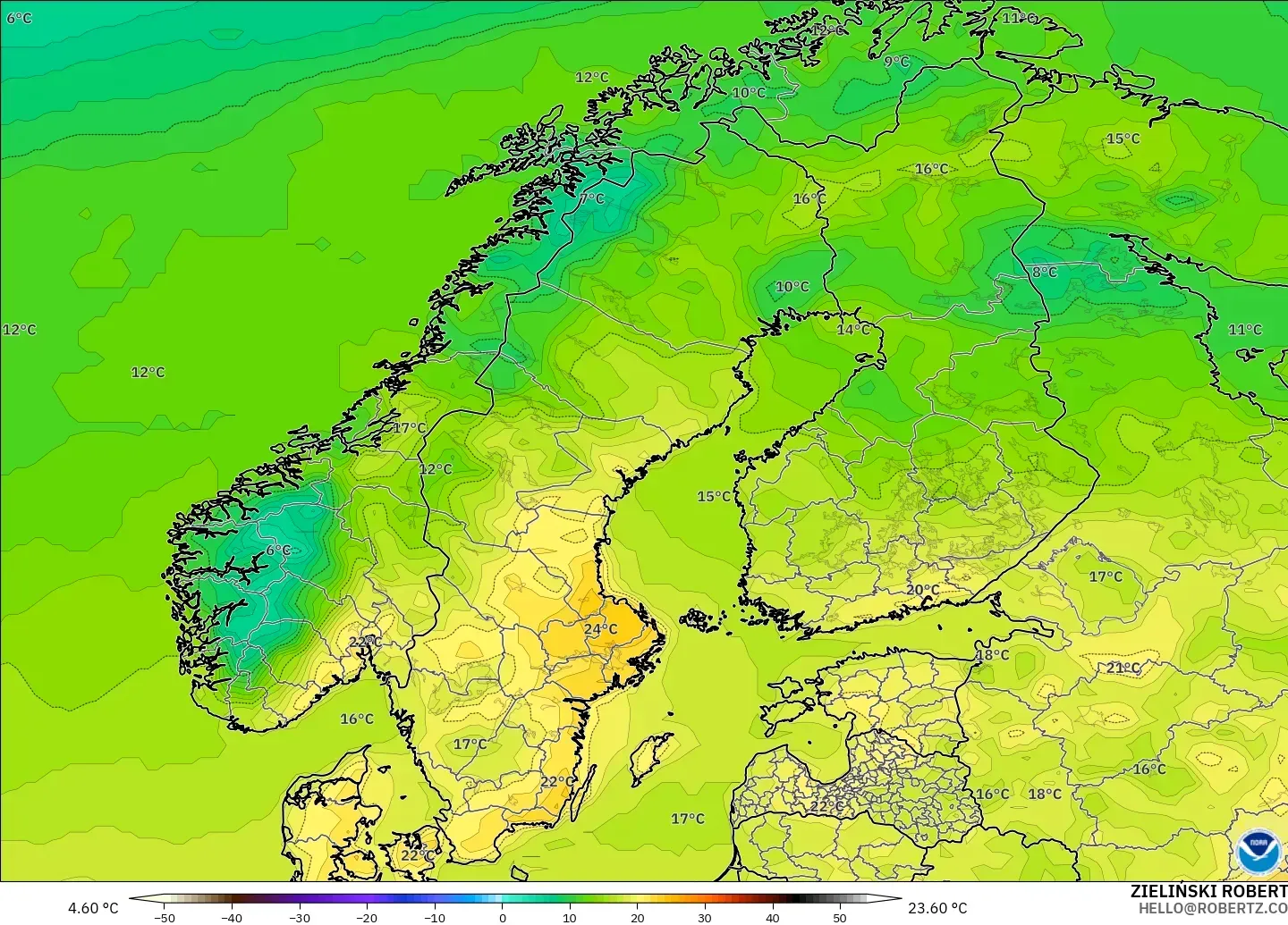 GFS modelo - Escandinavia, Temperatura a 2 m