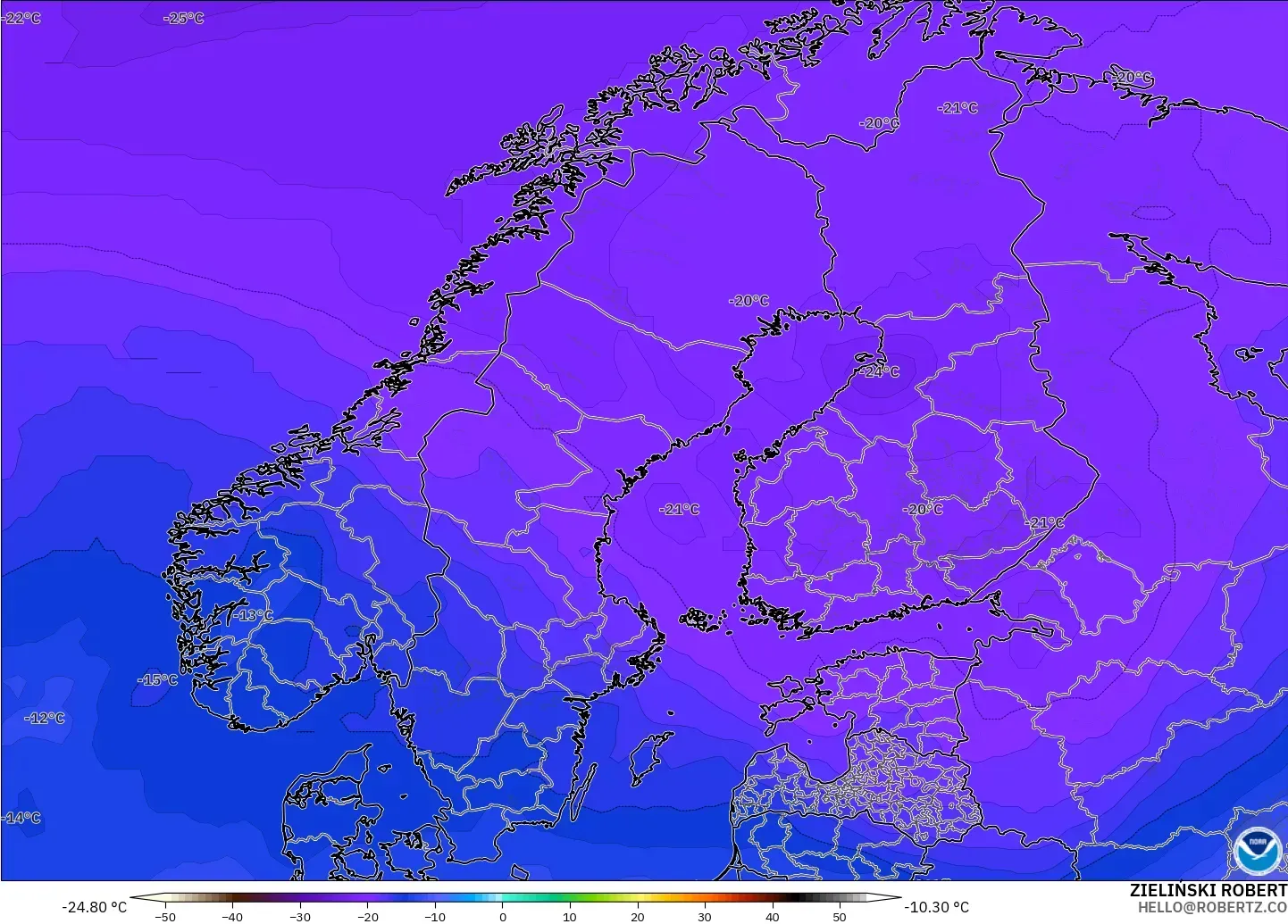 GFS modelo - Escandinavia, Temperatura a 500 hPa