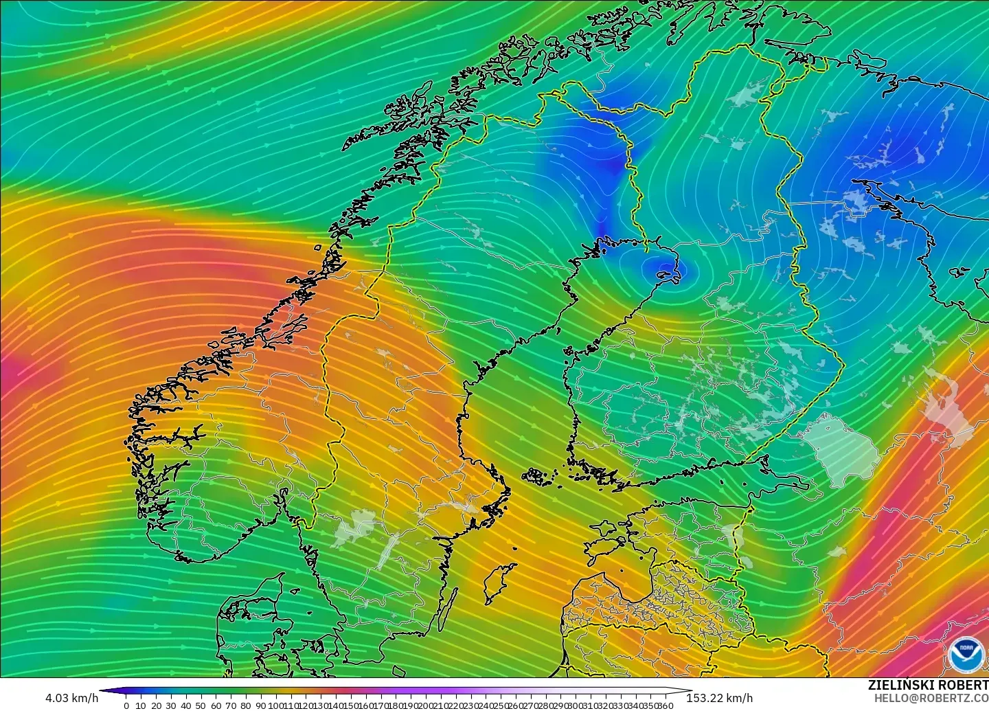 GFS modelo - Escandinavia, Viento a 300 hPa (corriente en chorro)