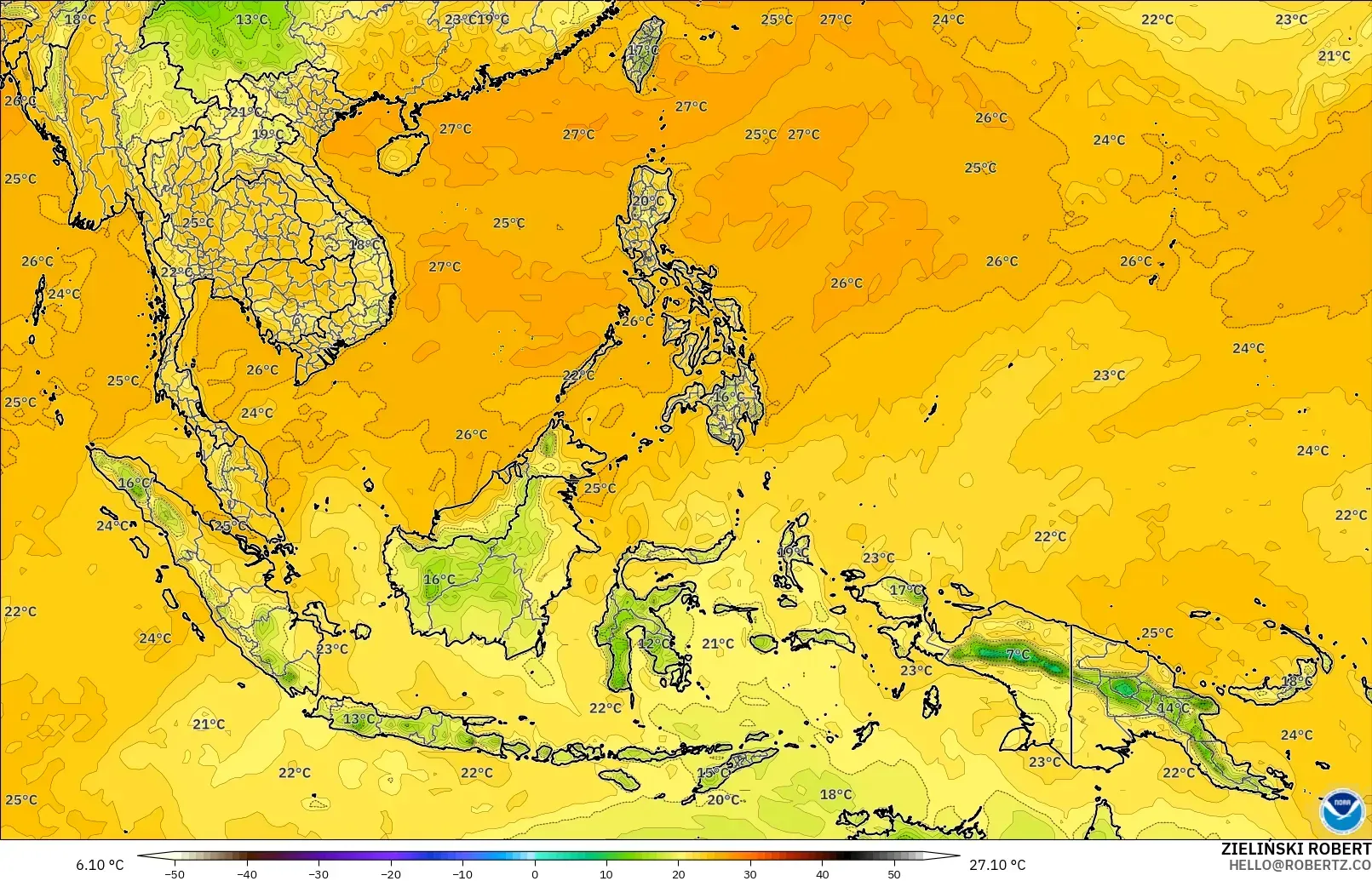 GFS modelo - Sudeste Asiático, Punto de rocío a 2 m