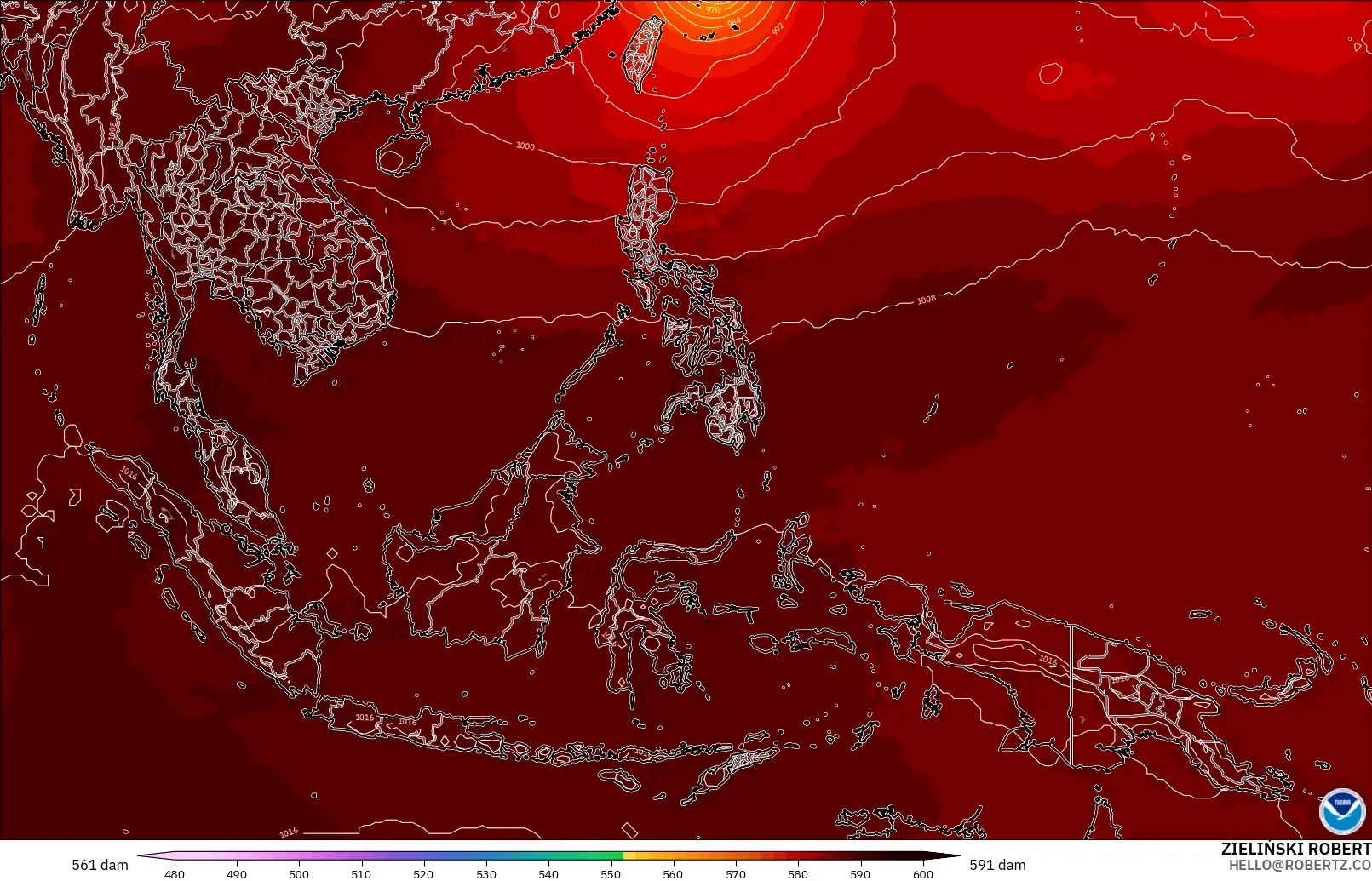 GFS modelo - Sudeste Asiático, Altura geopotencial a 500 hPa