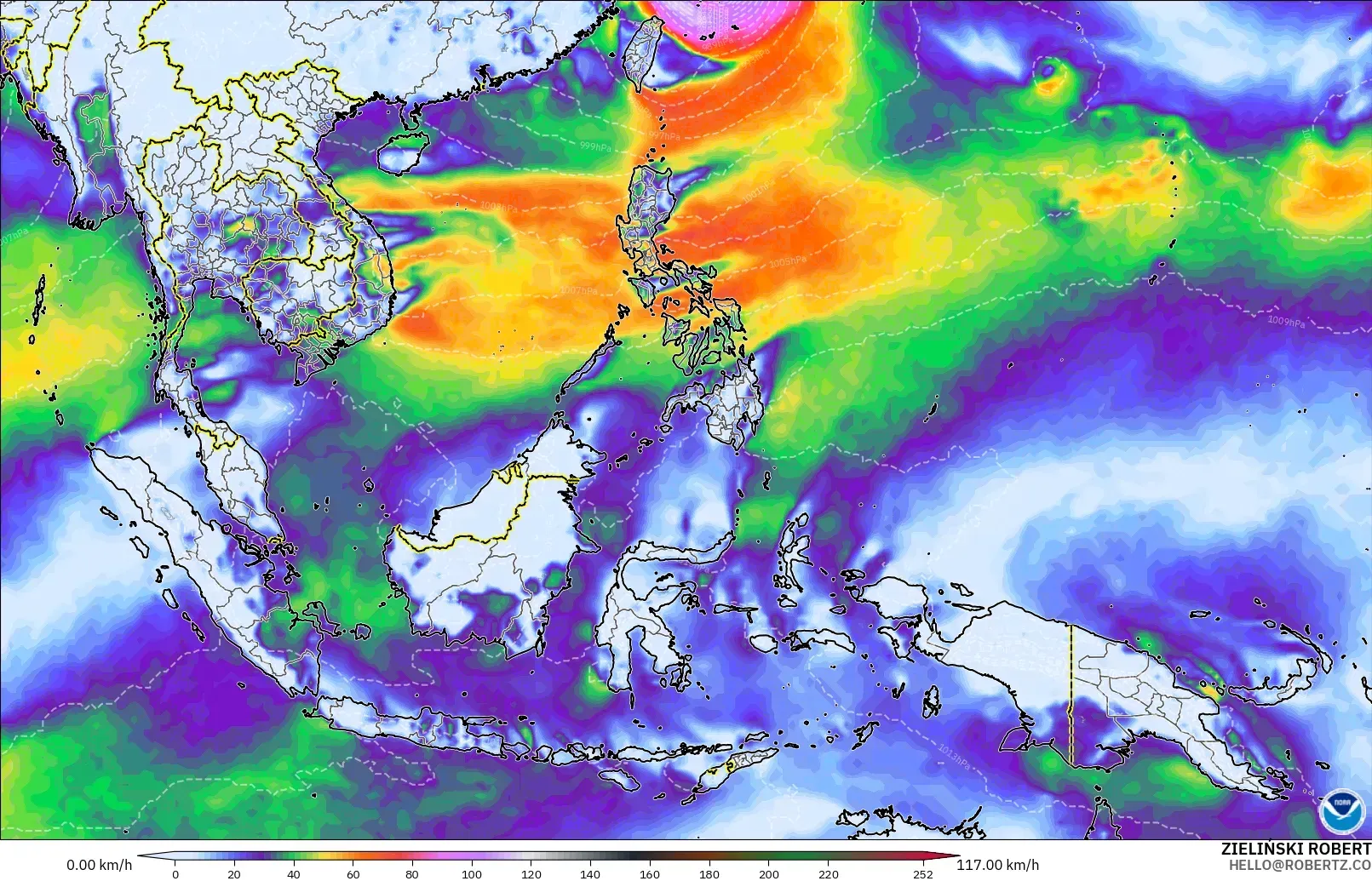 GFS modelo - Sudeste Asiático, Ráfagas de viento