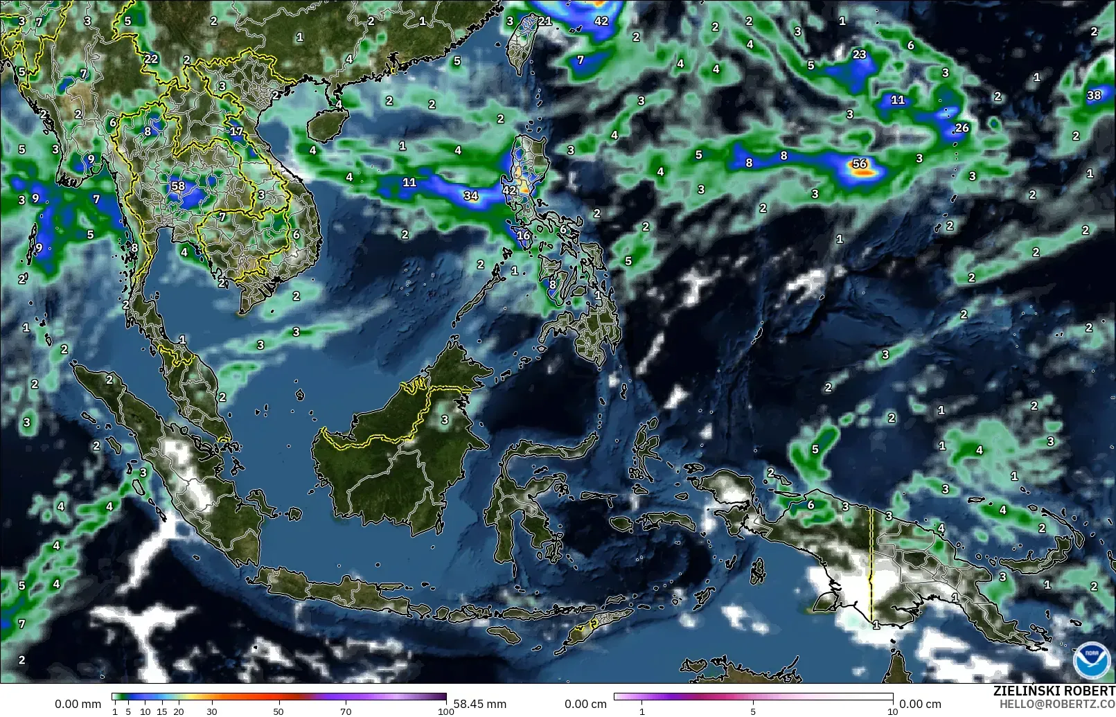 GFS modelo - Sudeste Asiático, Precipitación, nubes y presión