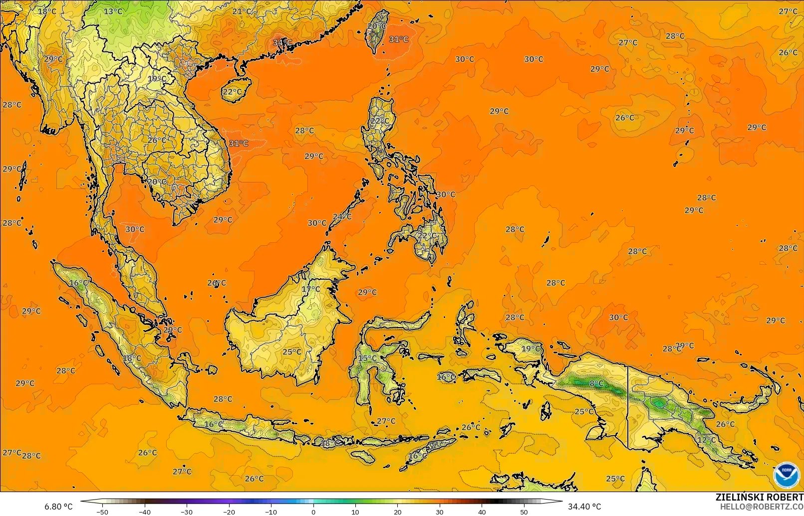 GFS modelo - Sudeste Asiático, Temperatura a 2 m