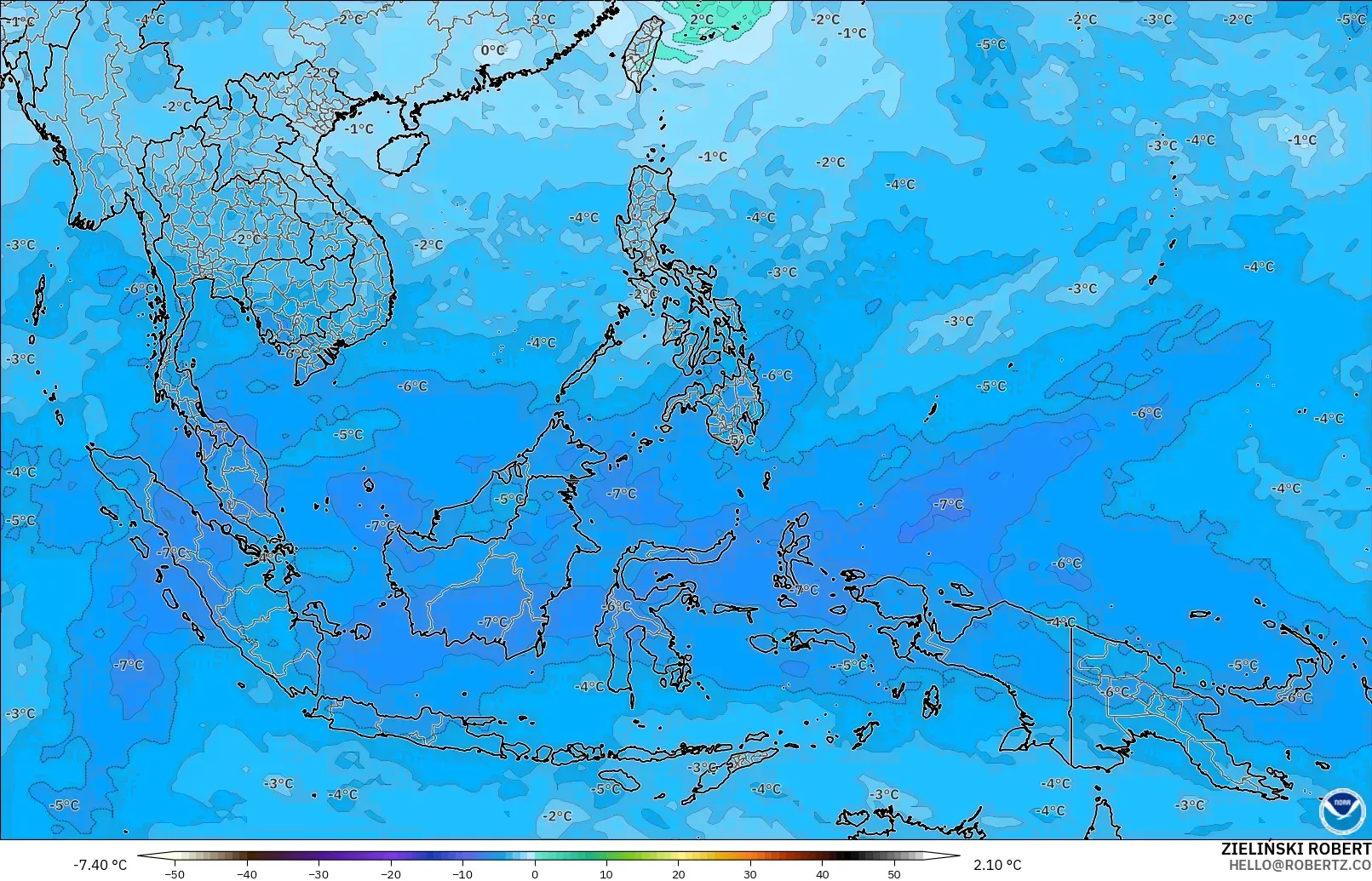 GFS modelo - Sudeste Asiático, Temperatura a 500 hPa