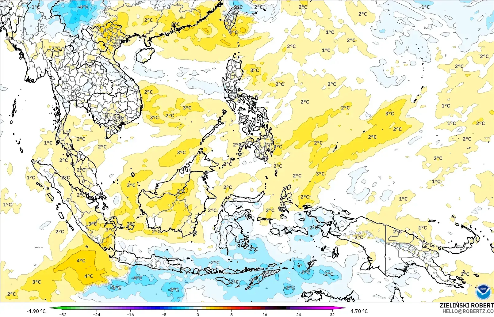 GFS modelo - Sudeste Asiático, Anomalía de temperatura a 850 hPa