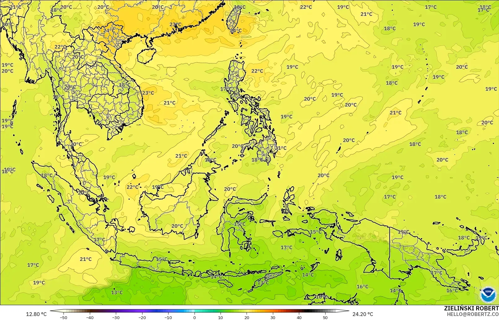 GFS modelo - Sudeste Asiático, Temperatura a 850 hPa