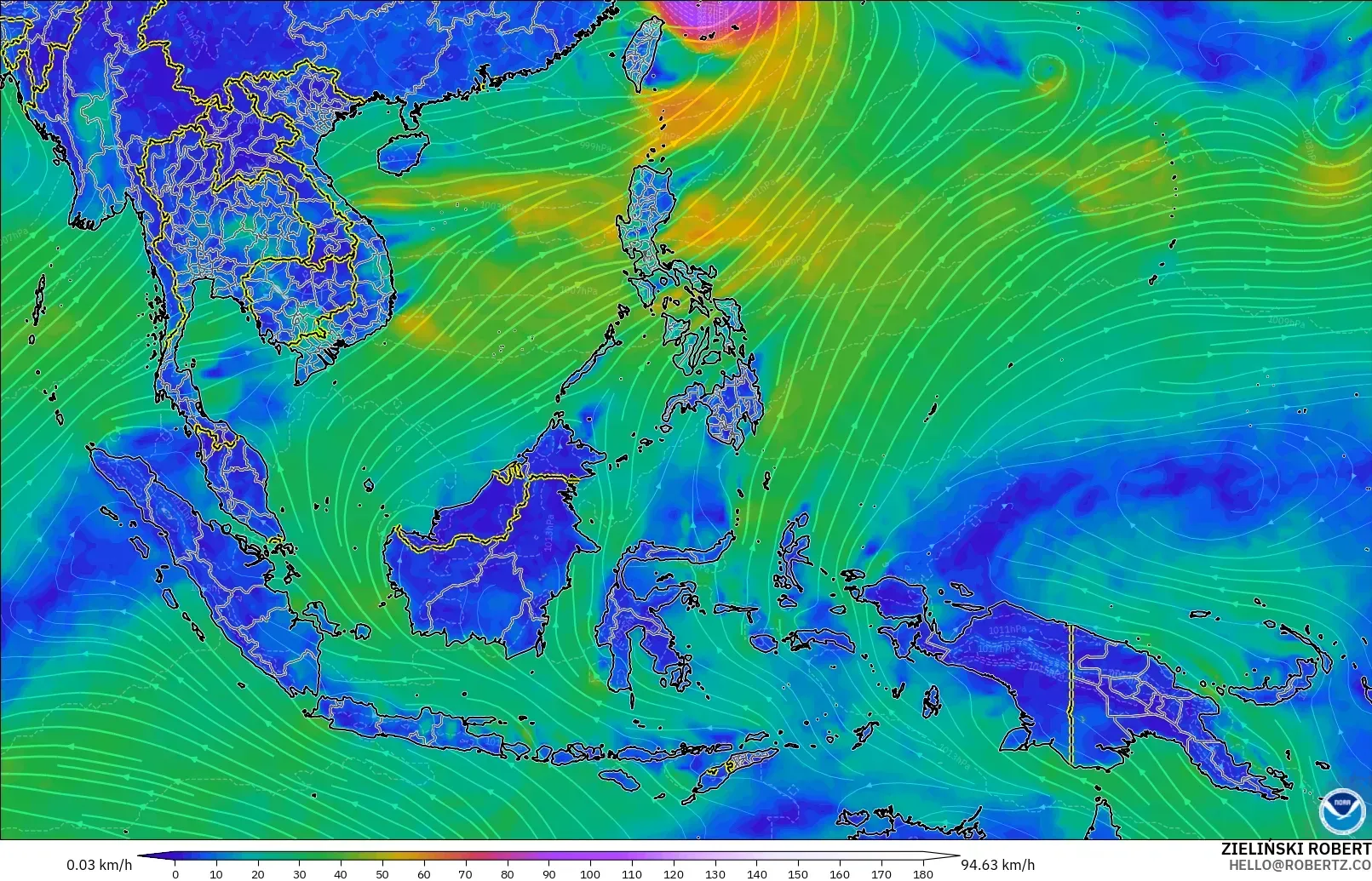 GFS modelo - Sudeste Asiático, Viento a 10 m