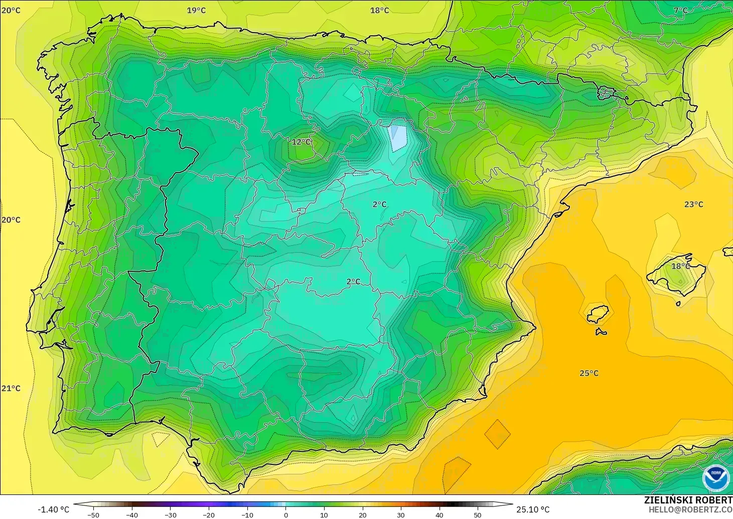 GFS modelo - España, Punto de rocío a 2 m
