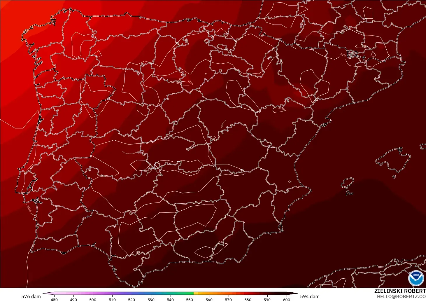 GFS modelo - España, Altura geopotencial a 500 hPa