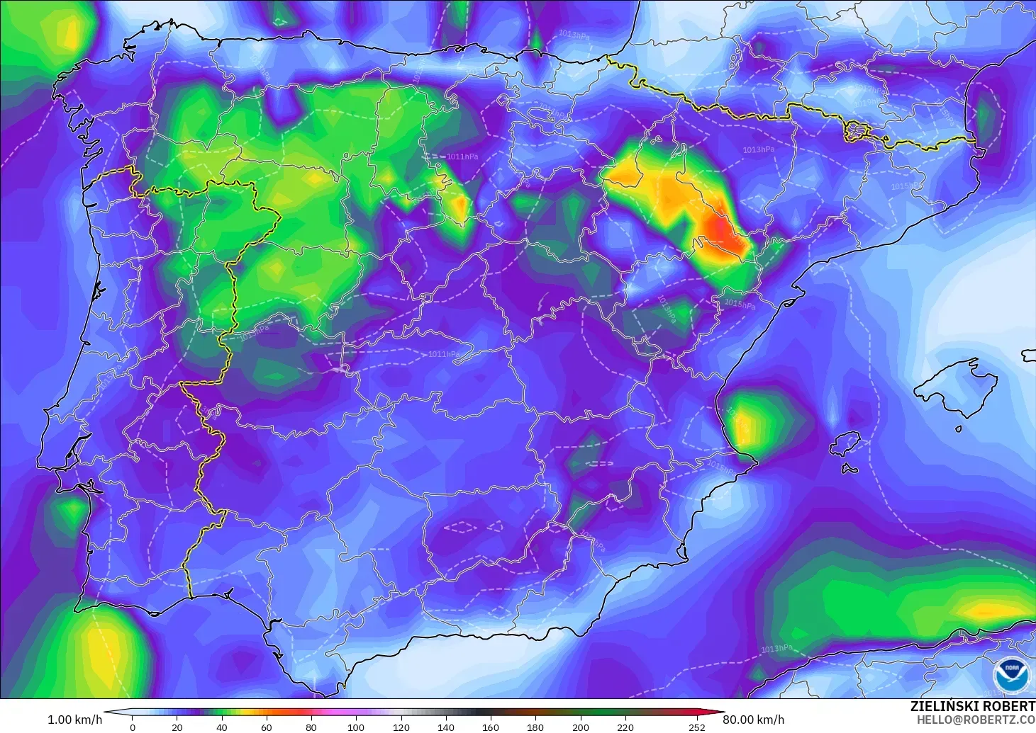 GFS modelo - España, Ráfagas de Viento Máximas