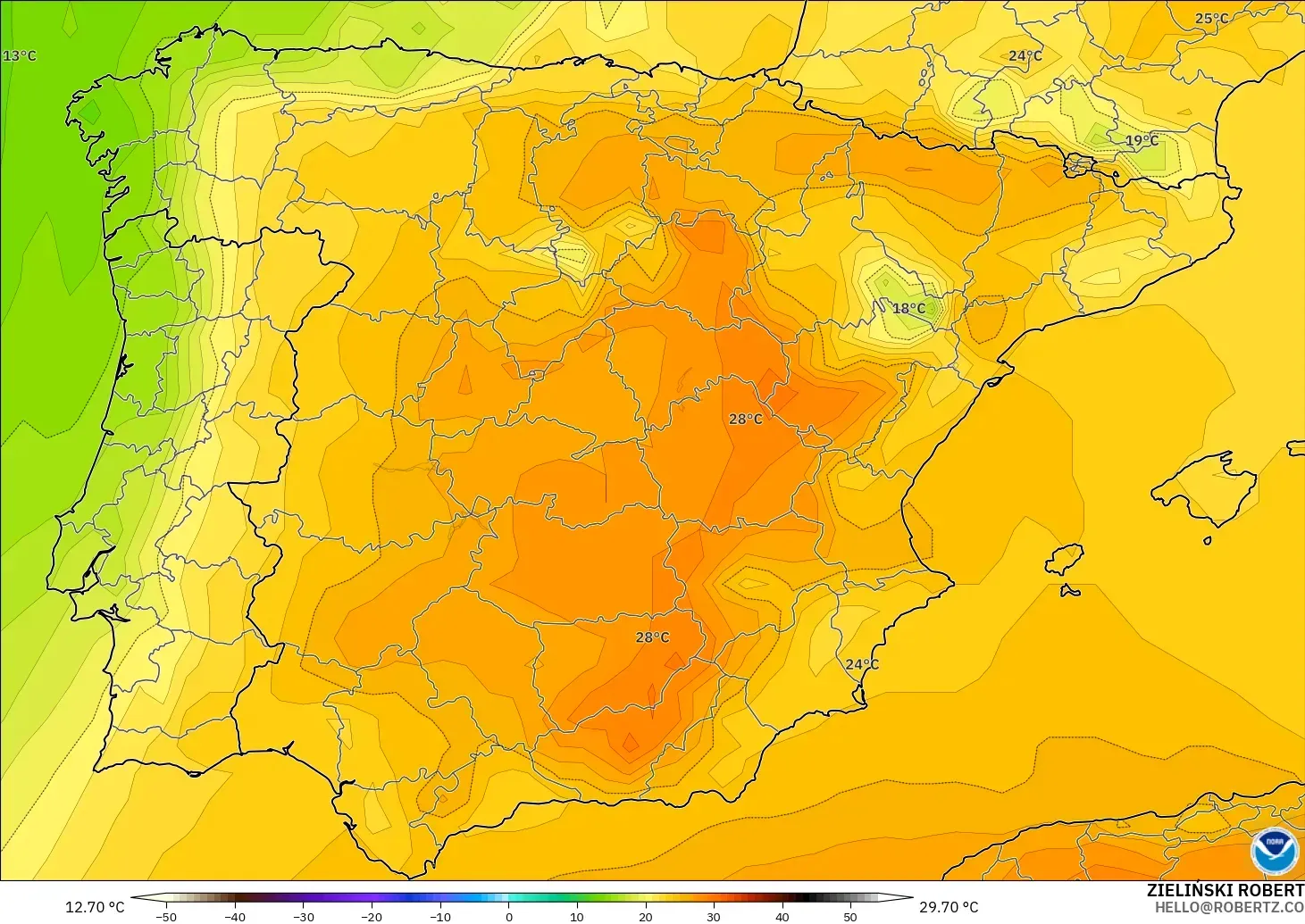GFS modelo - España, Temperatura a 850 hPa