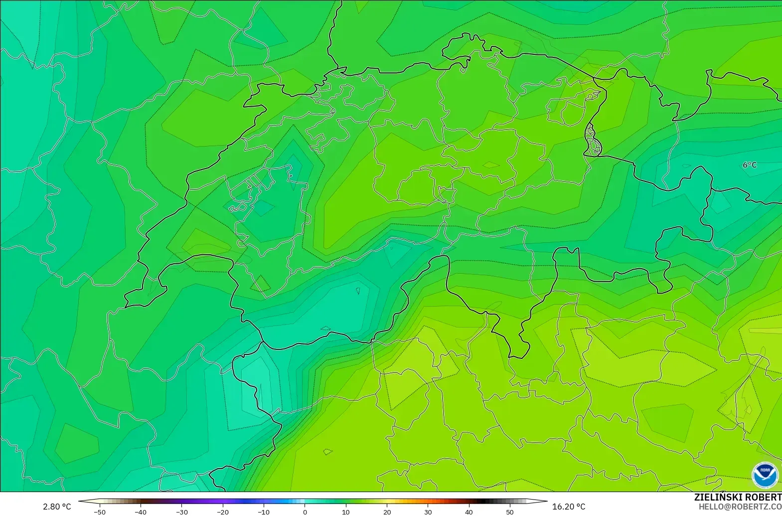 GFS modelo - Suiza, Punto de rocío a 2 m