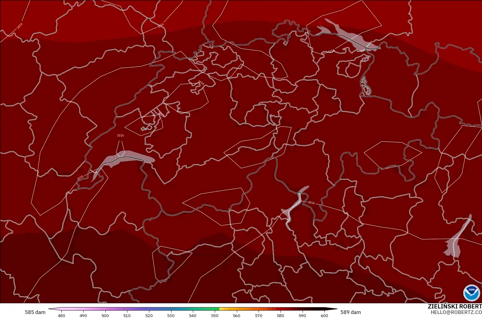 GFS modelo - Suiza, Altura geopotencial a 500 hPa