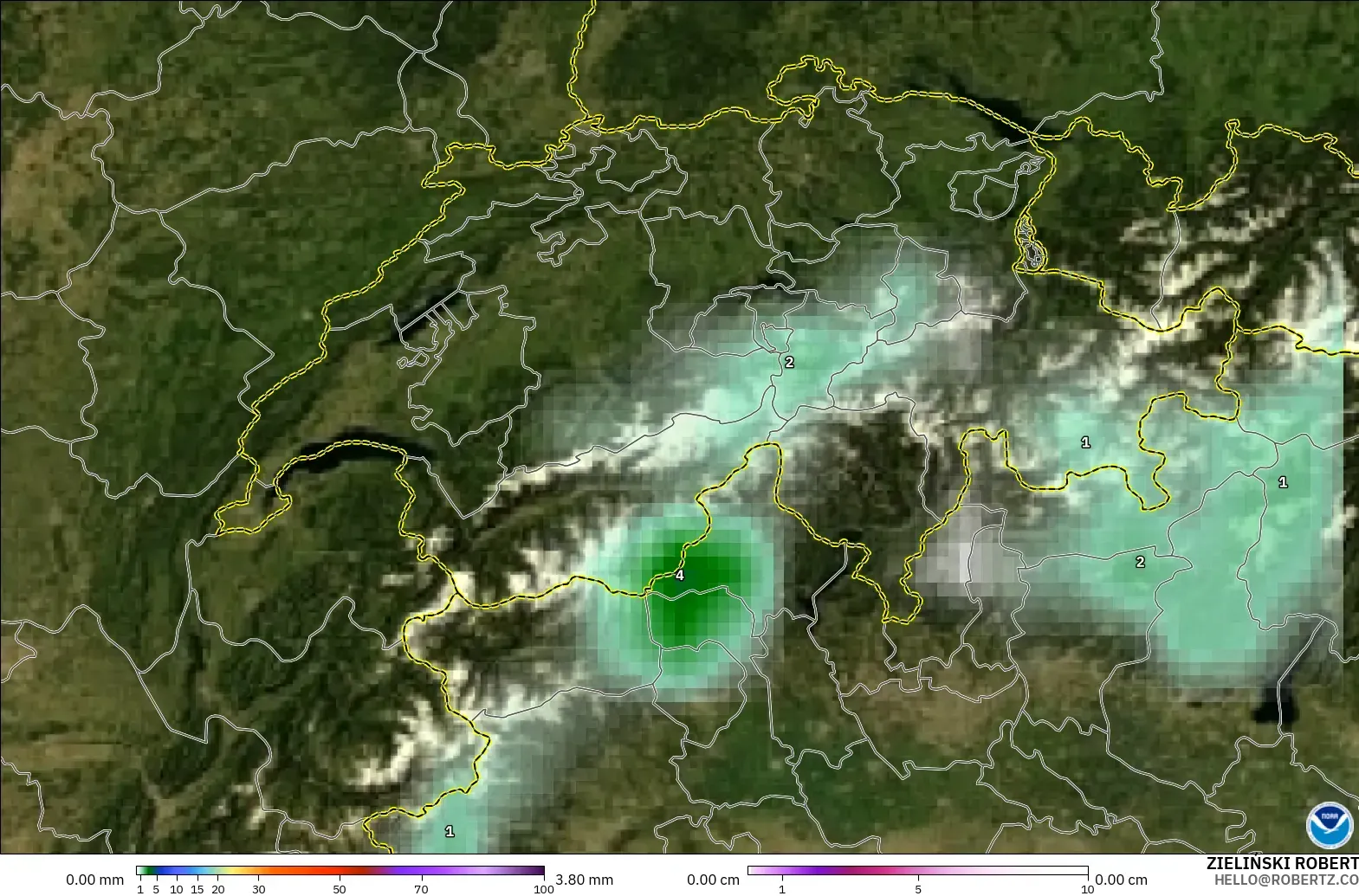 GFS modelo - Suiza, Precipitación, nubes y presión