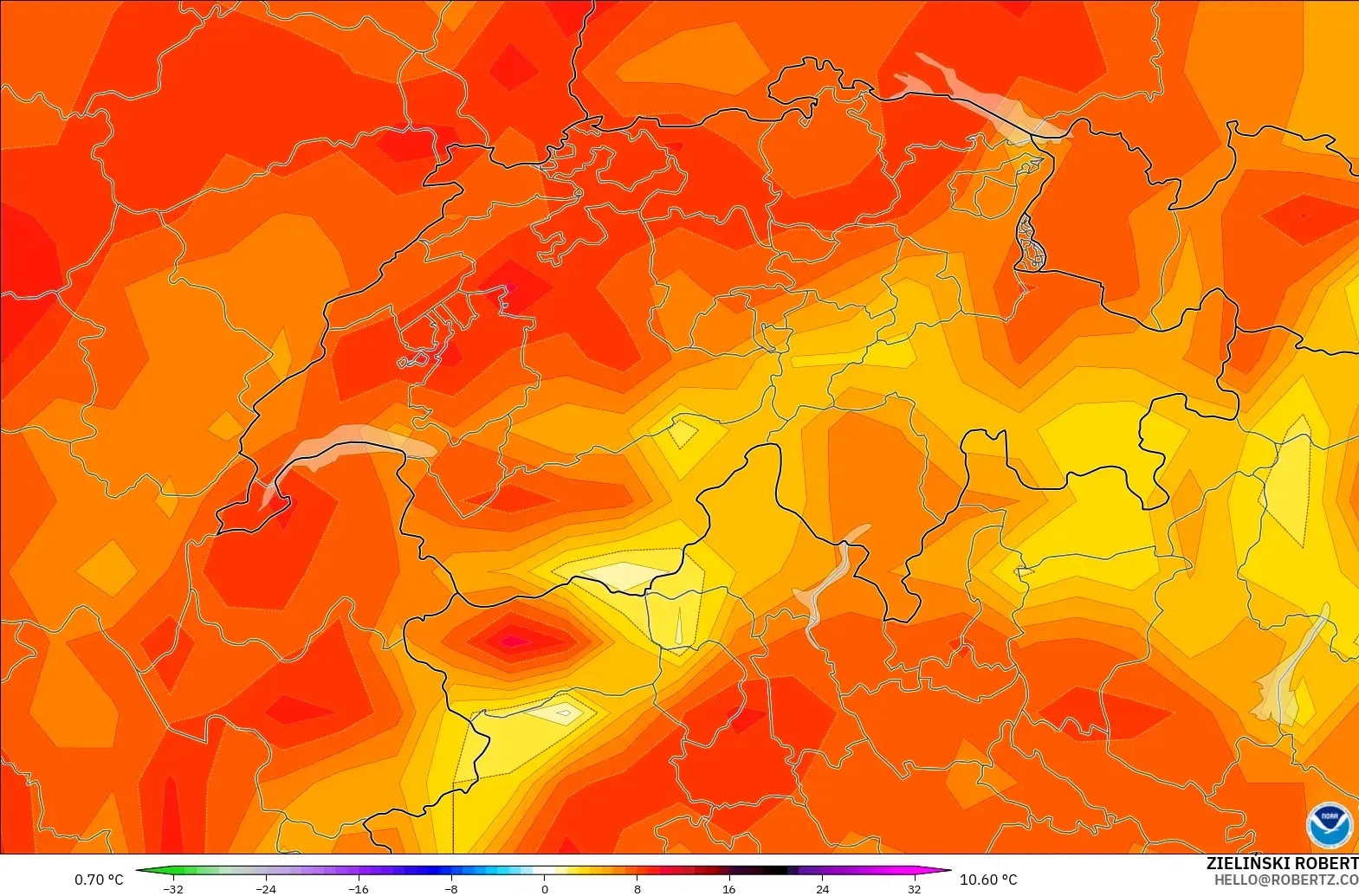 GFS modelo - Suiza, Anomalía de temperatura a 2 m