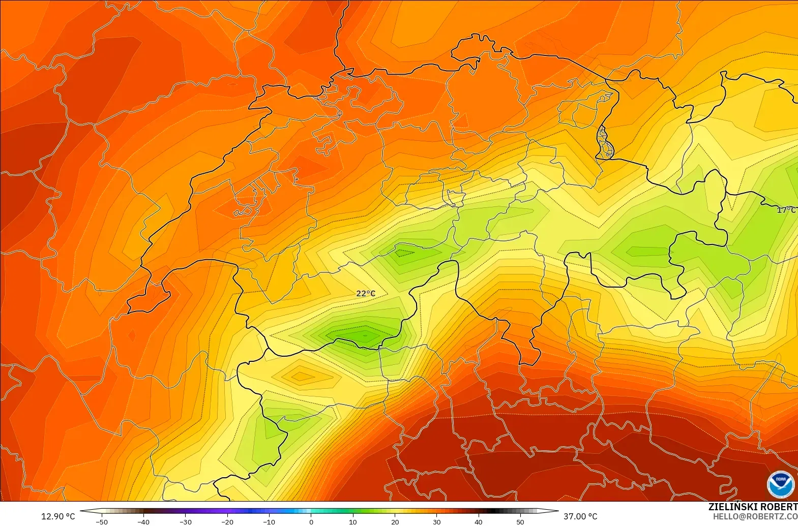GFS modelo - Suiza, Temperatura a 2 m