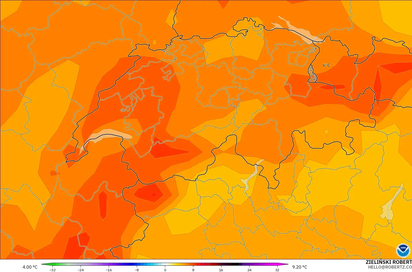 GFS modelo - Suiza, Anomalía de temperatura a 850 hPa