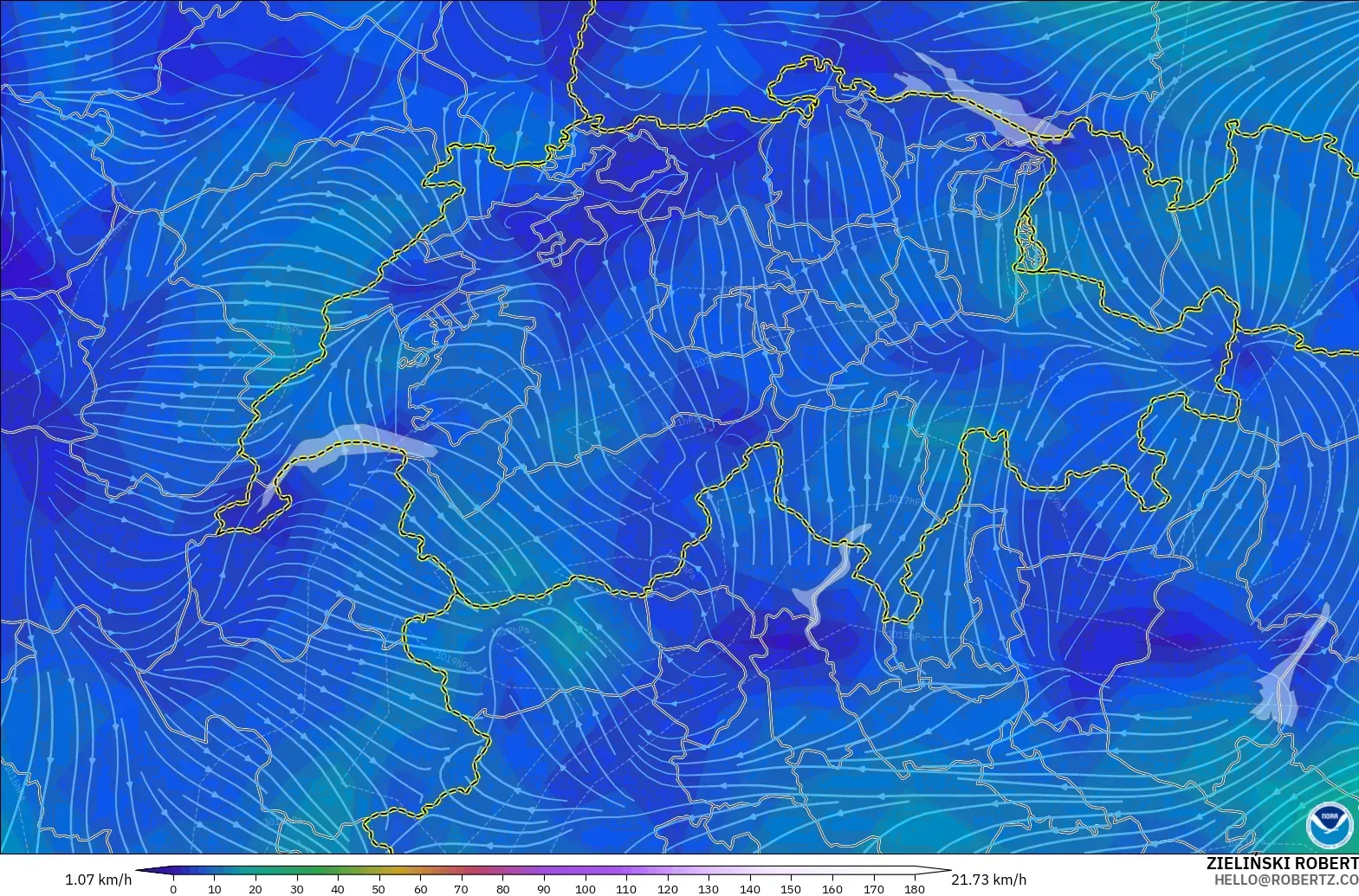 GFS modelo - Suiza, Viento a 10 m