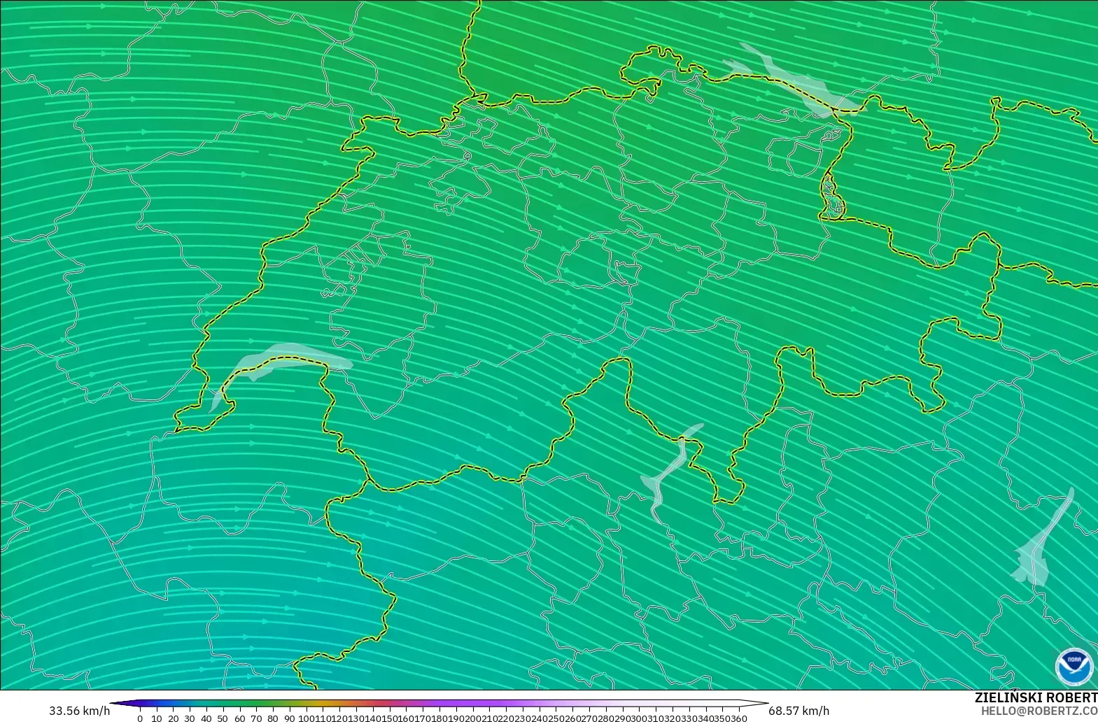 GFS modelo - Suiza, Viento a 300 hPa (corriente en chorro)