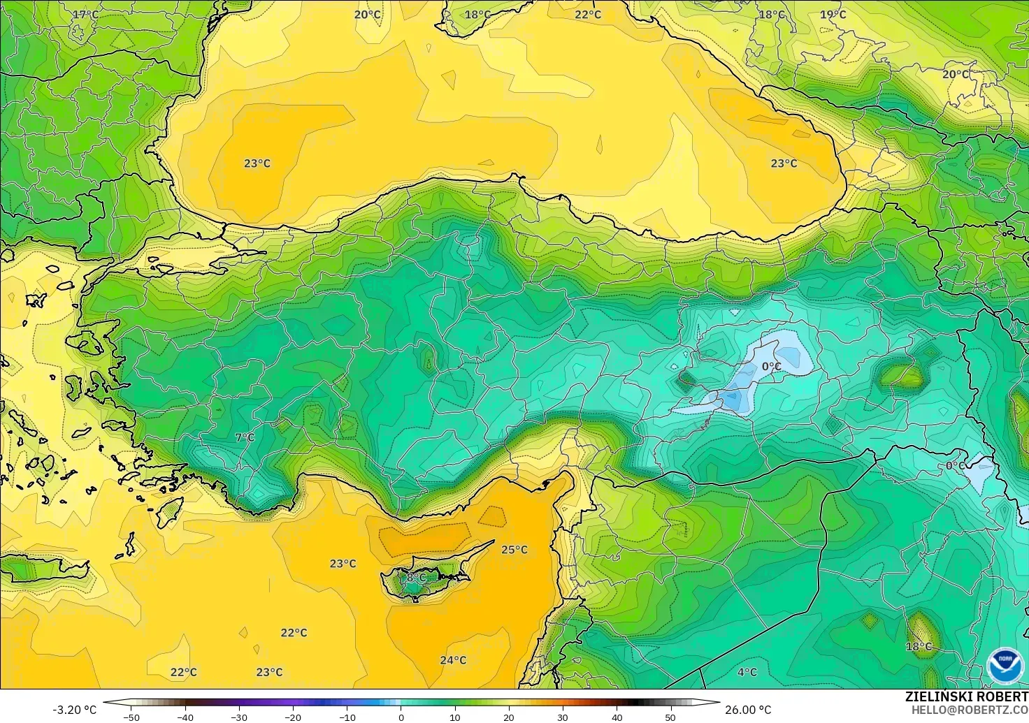 GFS modelo - Turquía, Punto de rocío a 2 m