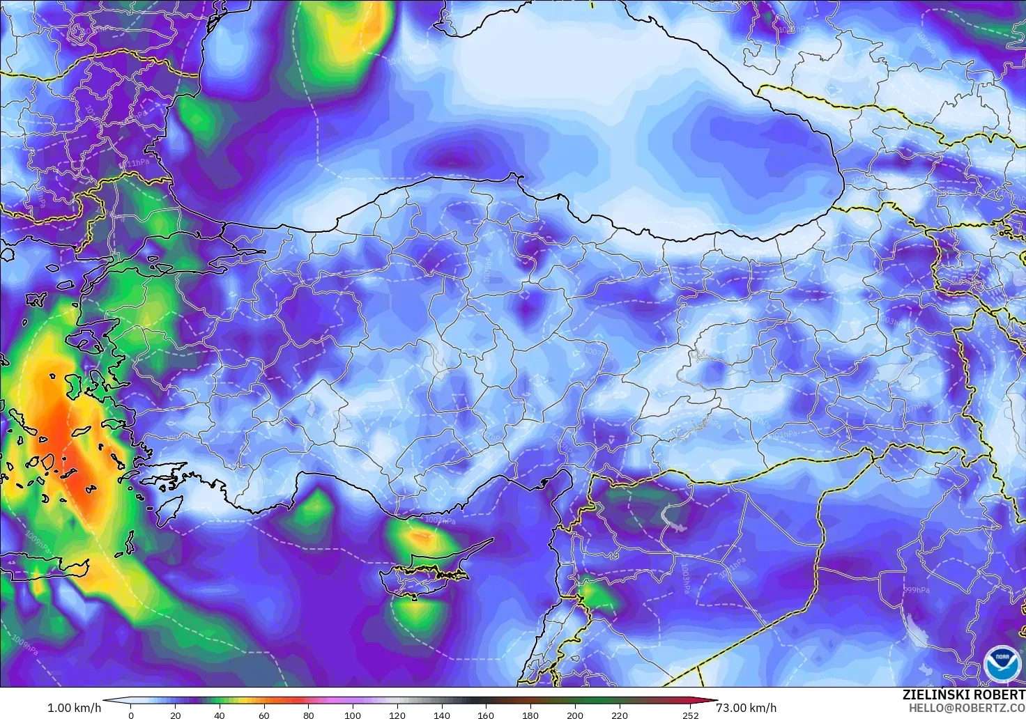 GFS modelo - Turquía, Ráfagas de Viento Máximas