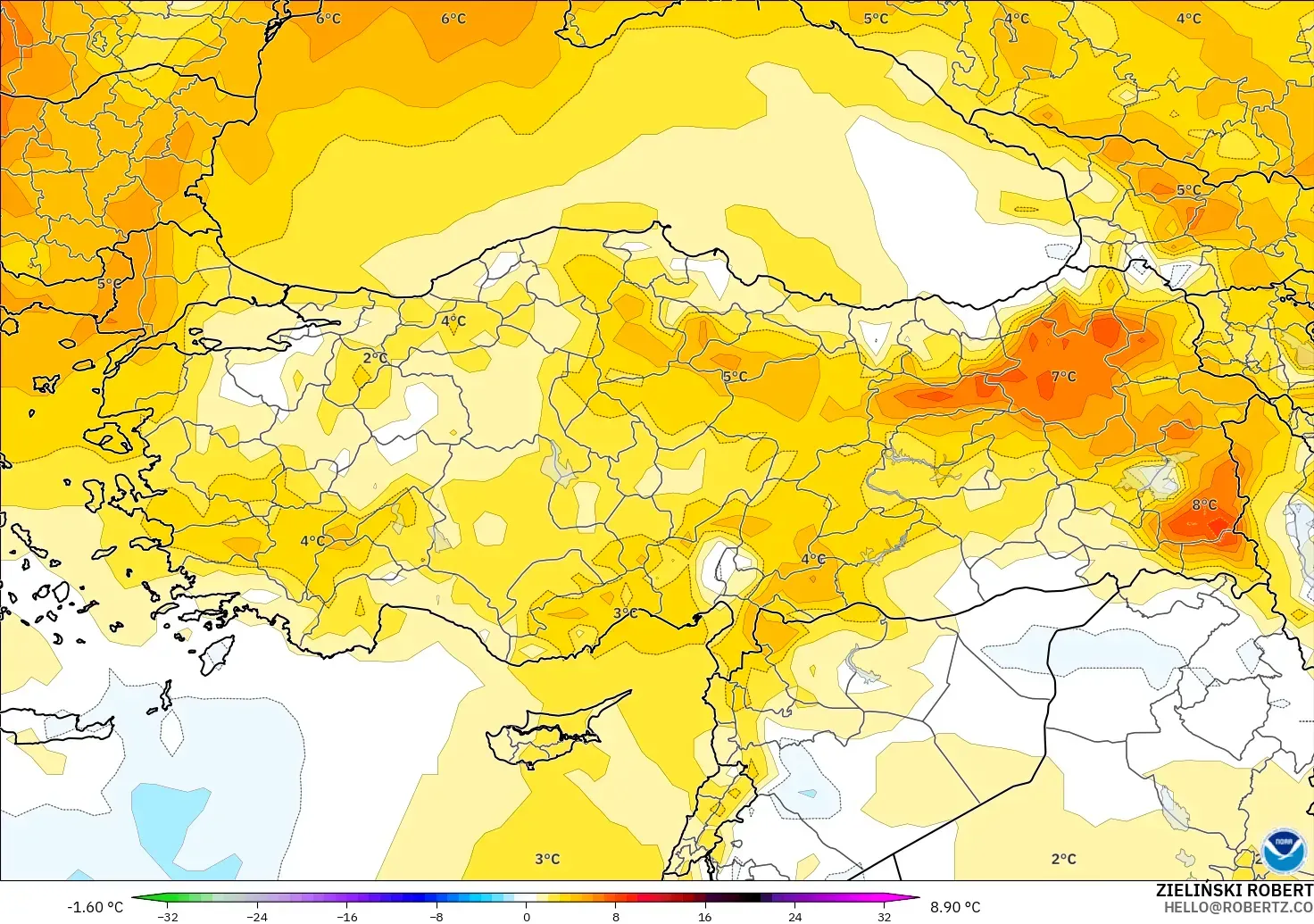 GFS modelo - Turquía, Anomalía de temperatura a 850 hPa