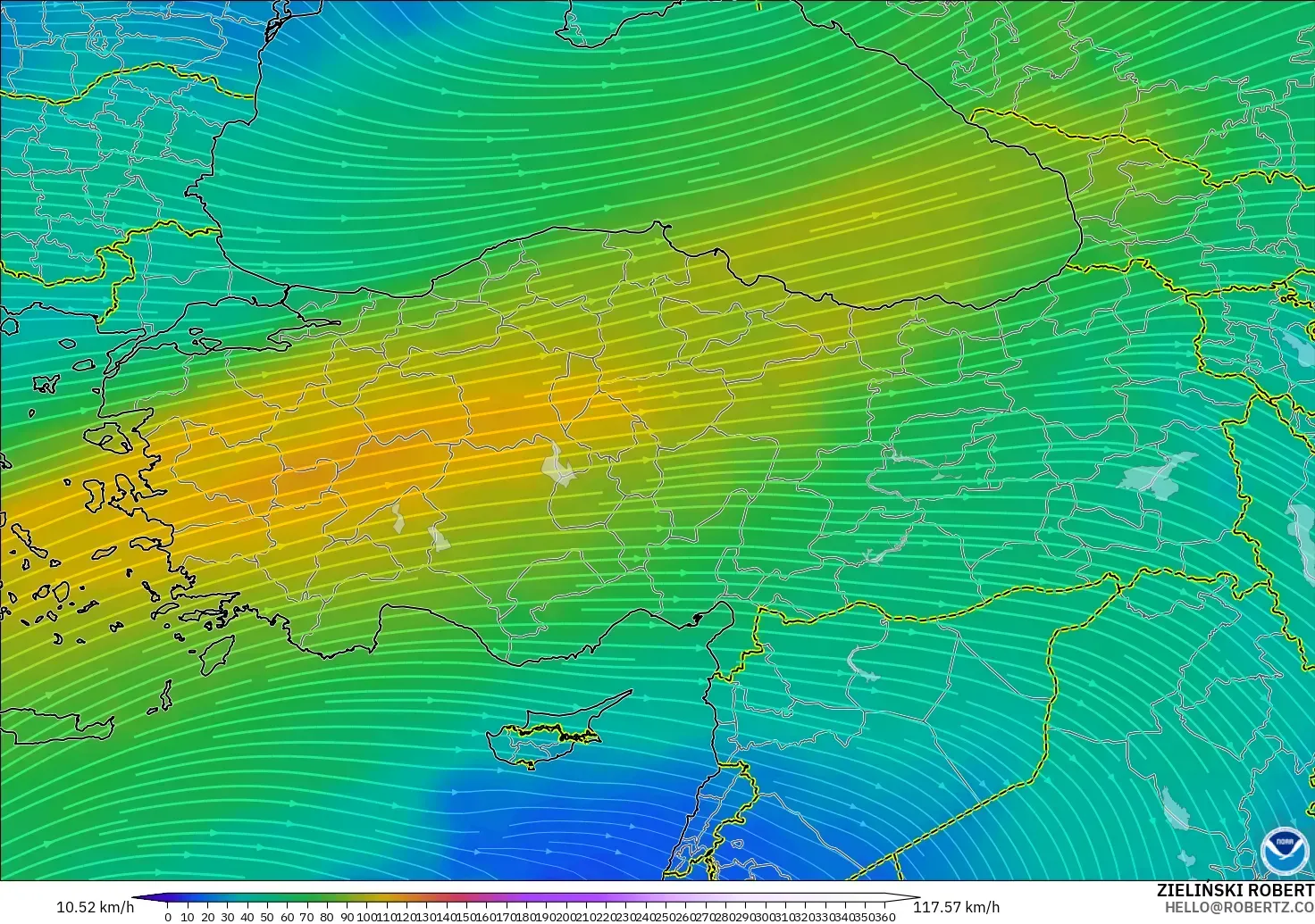 GFS modelo - Turquía, Viento a 300 hPa (corriente en chorro)