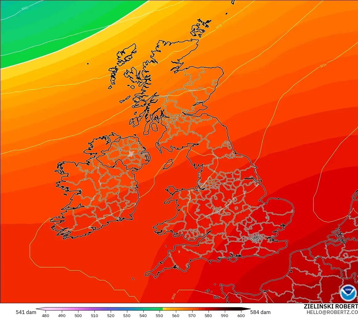 GFS modelo - Reino Unido, Altura geopotencial a 500 hPa